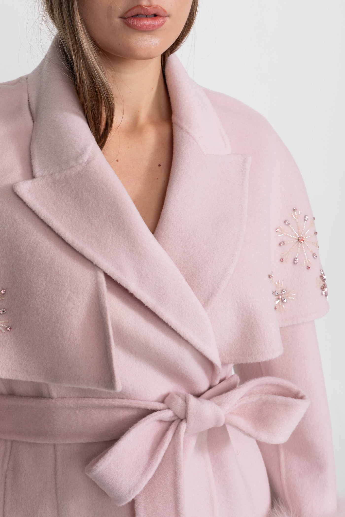 Embellished Wool Coat with Fox Fur Cuffs And Cape Overlay - Pink