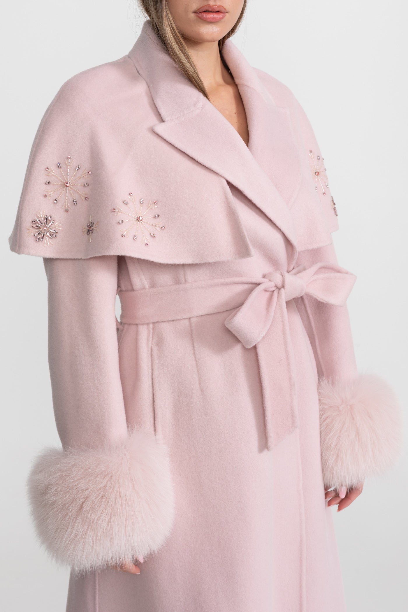 Embellished Wool Coat with Fox Fur Cuffs And Cape Overlay - Pink