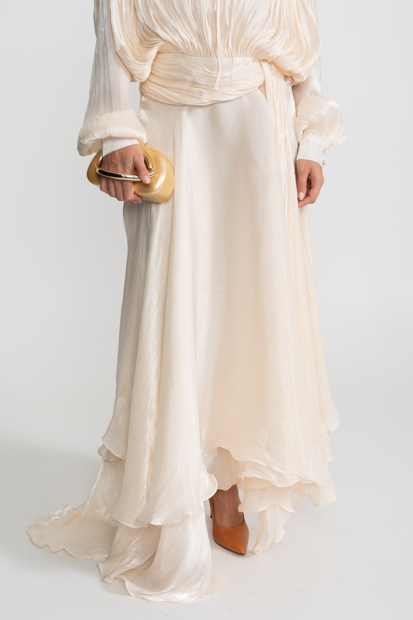 Maxi Dress with Pleated Bodice and Draped Skirt - Ivoire