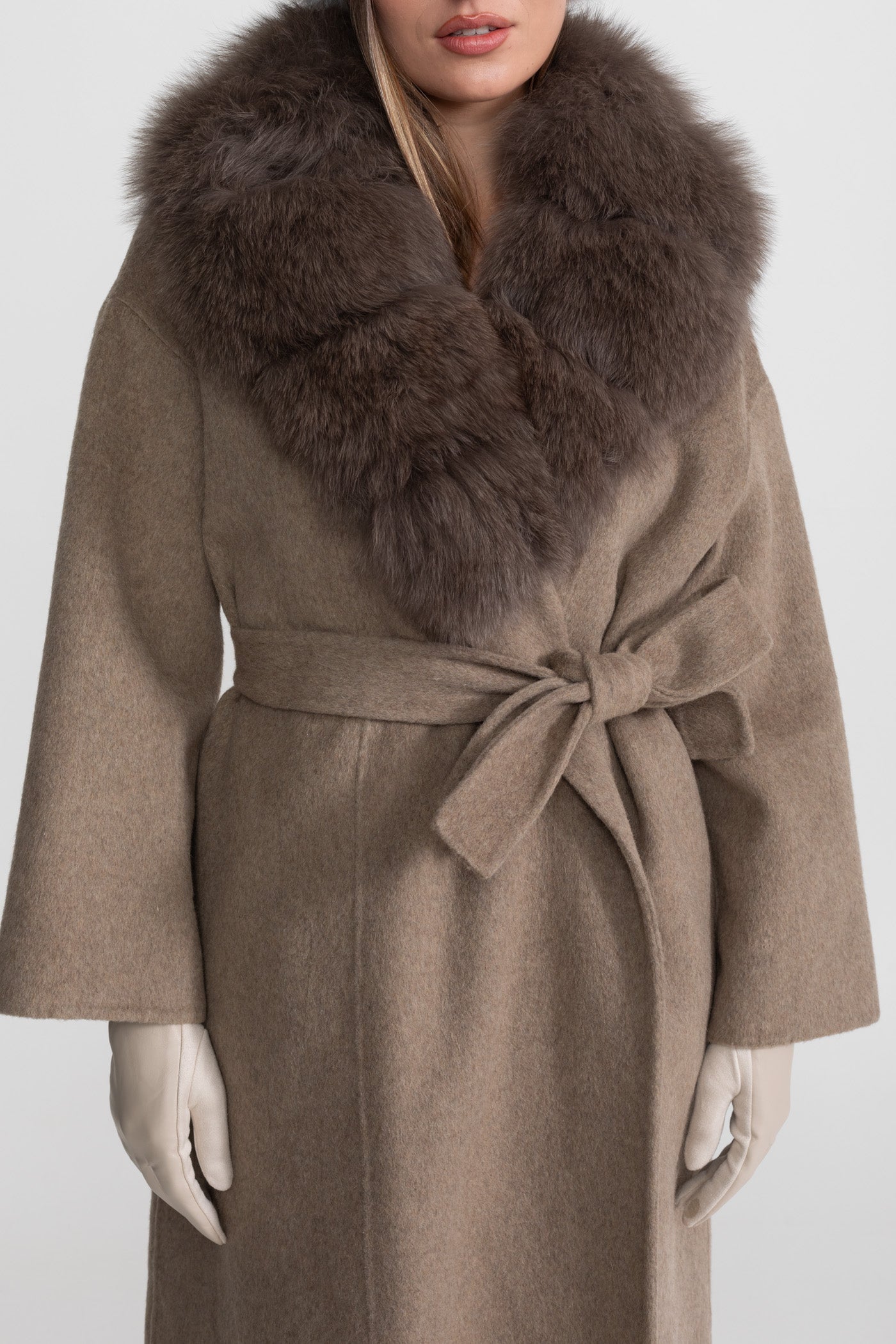 Wool Wrap Coat with Fox Fur Collar And Tie Belt – Khaki