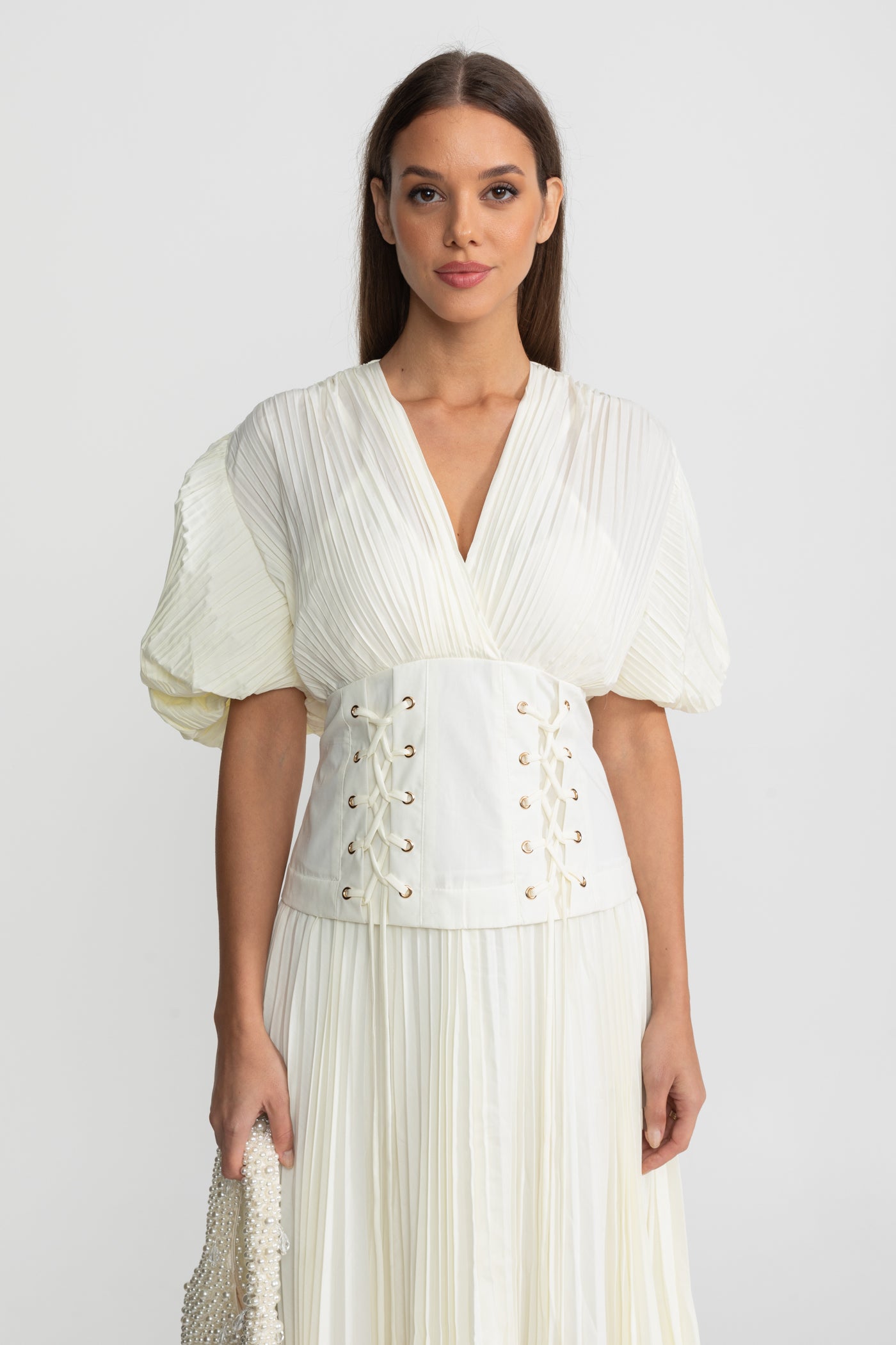 Pleated Maxi Dress with Corset Waist Detail - Ivoire