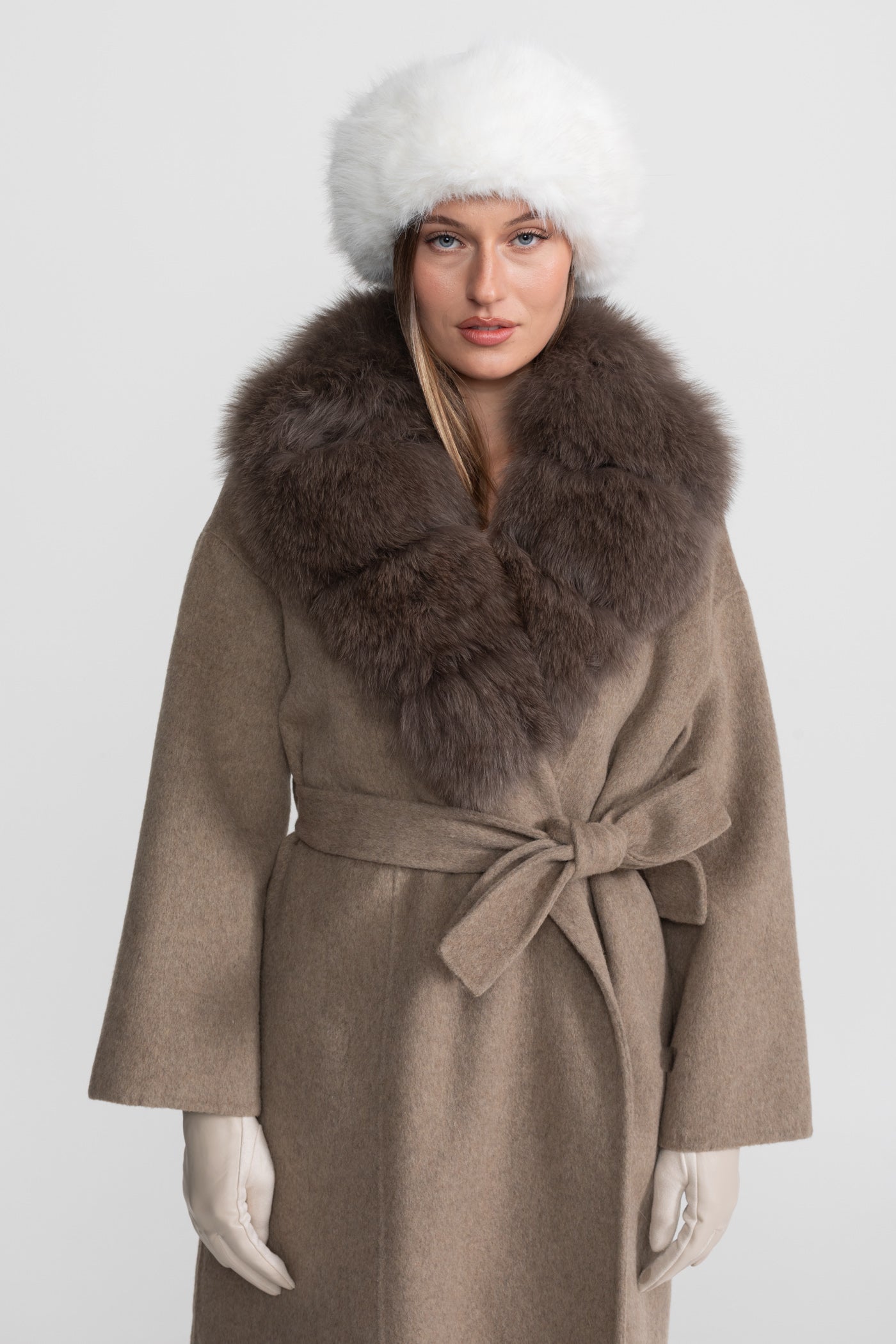 Wool Wrap Coat with Fox Fur Collar And Tie Belt – Khaki