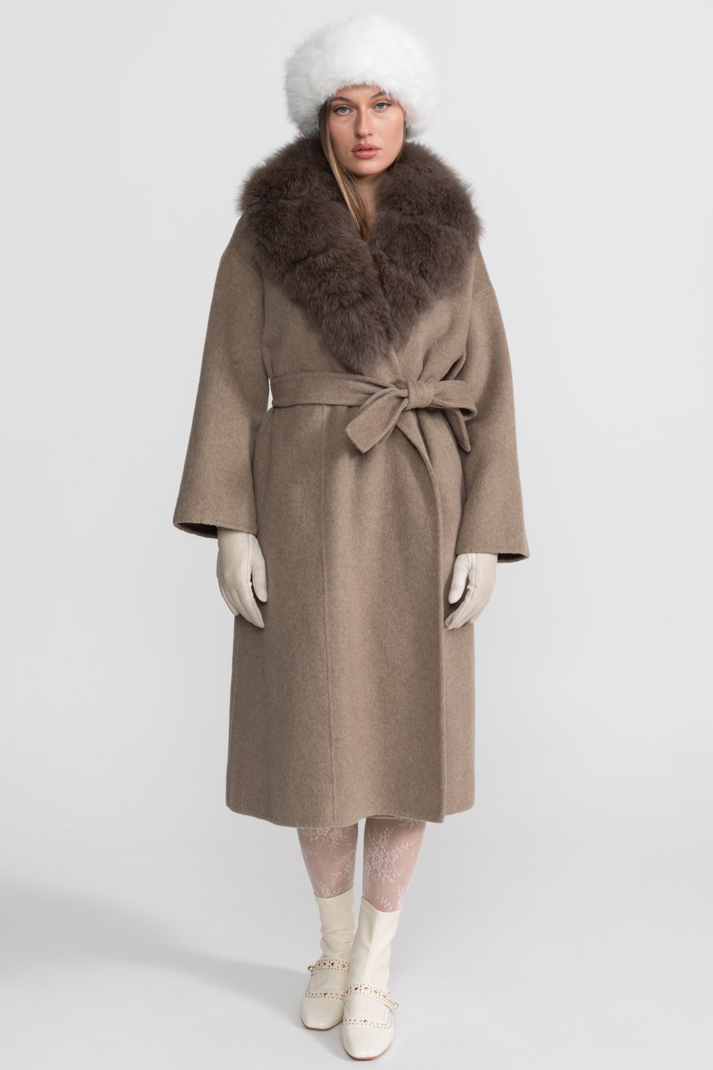 Wool Wrap Coat with Fox Fur Collar And Tie Belt – Khaki