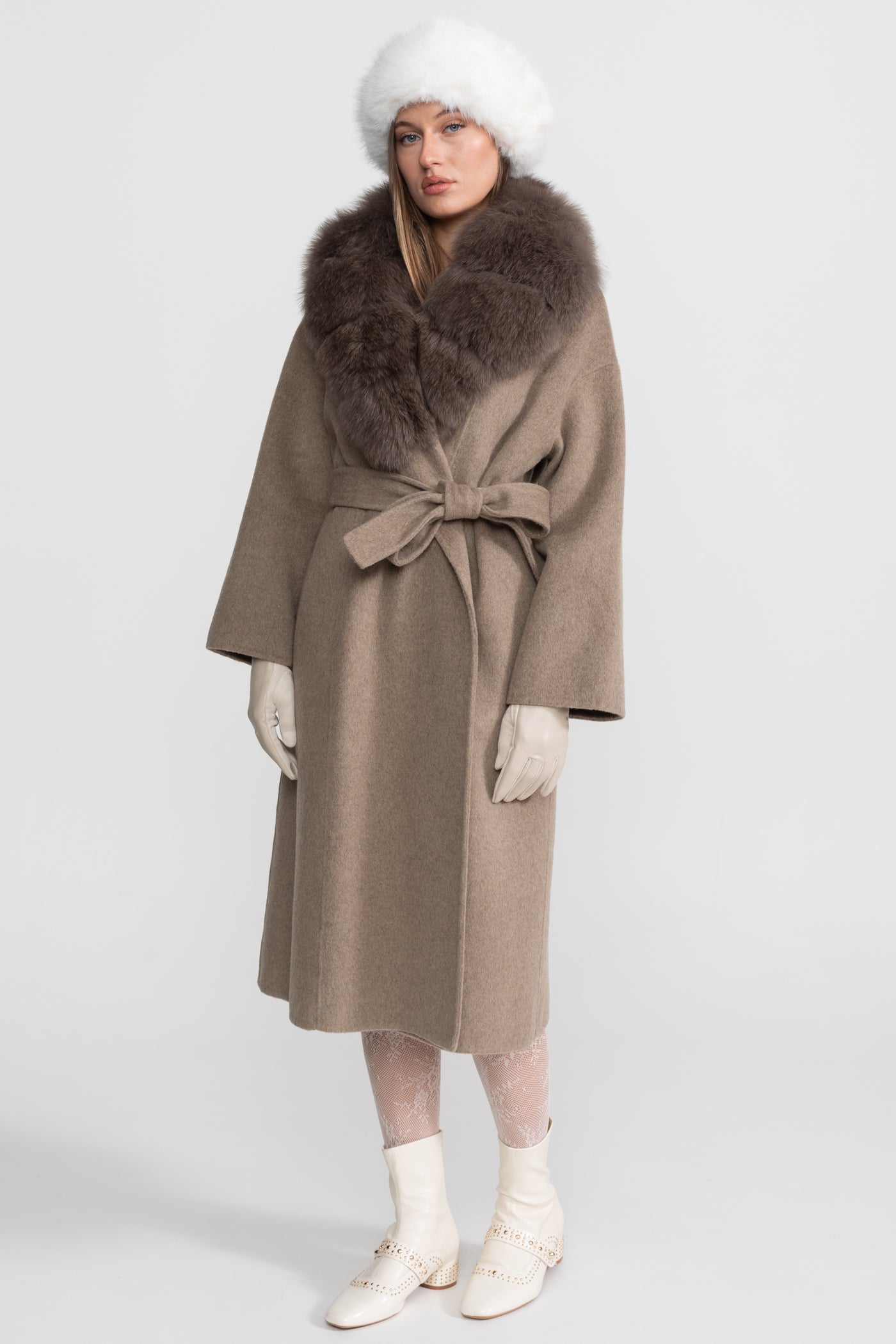 Wool Wrap Coat with Fox Fur Collar And Tie Belt – Khaki