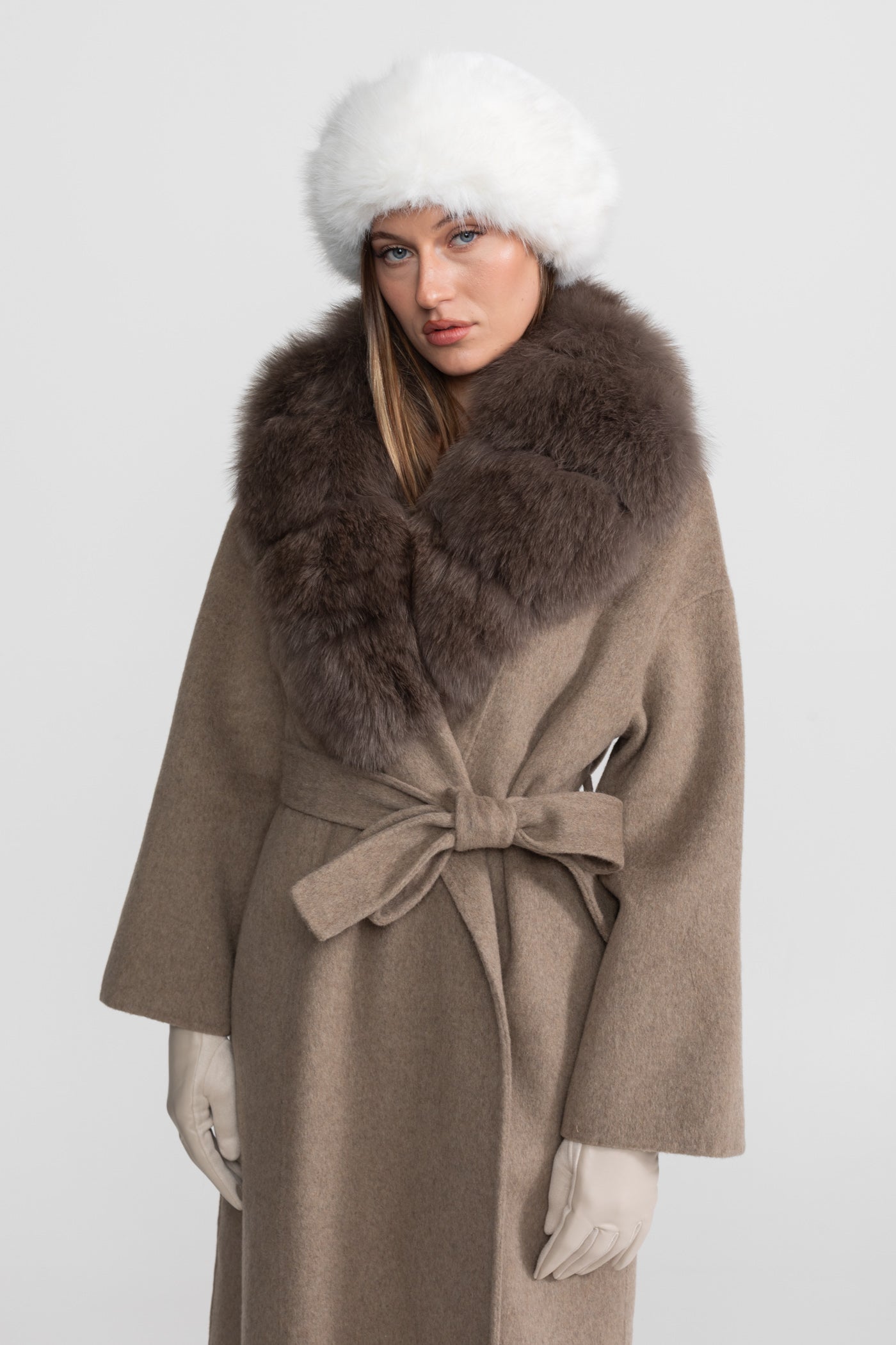 Wool Wrap Coat with Fox Fur Collar And Tie Belt – Khaki