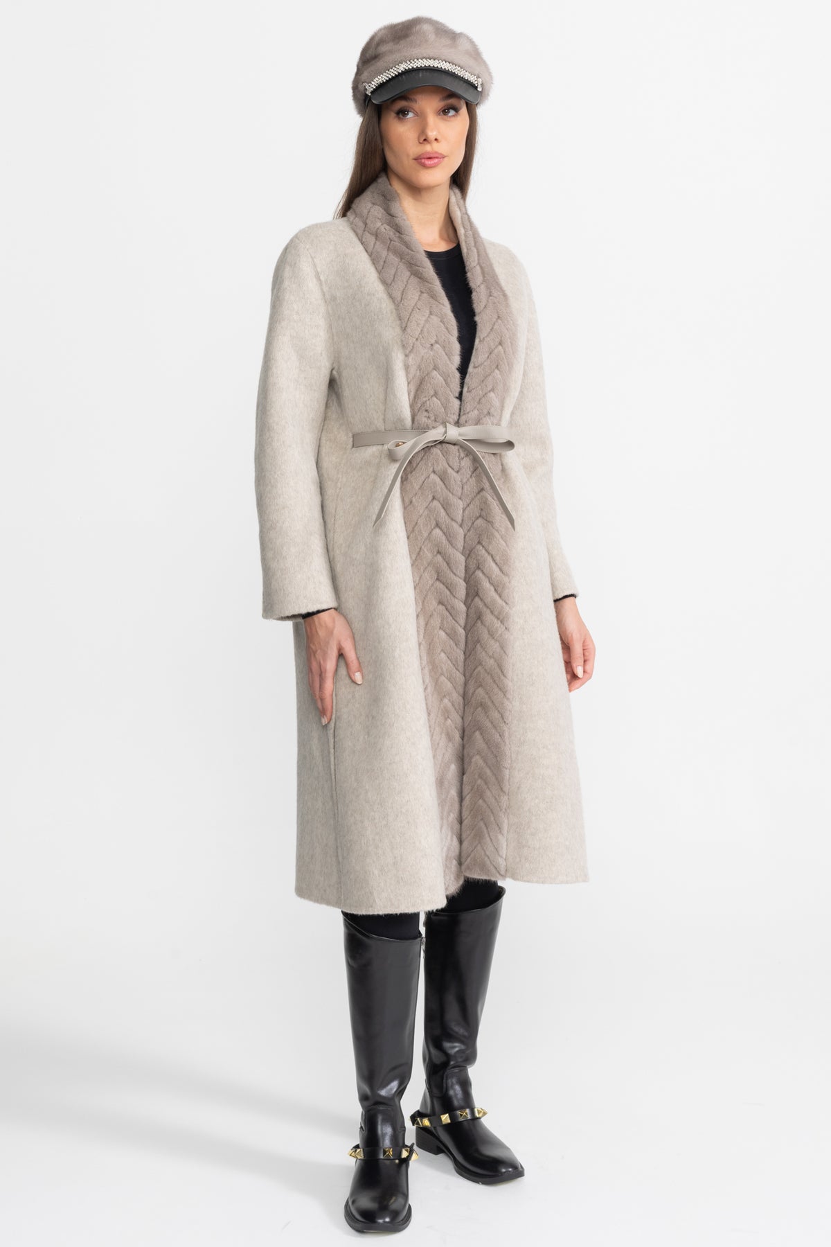 Wool & Alpaca Coat with Textured Mink Fur Collar – Beige