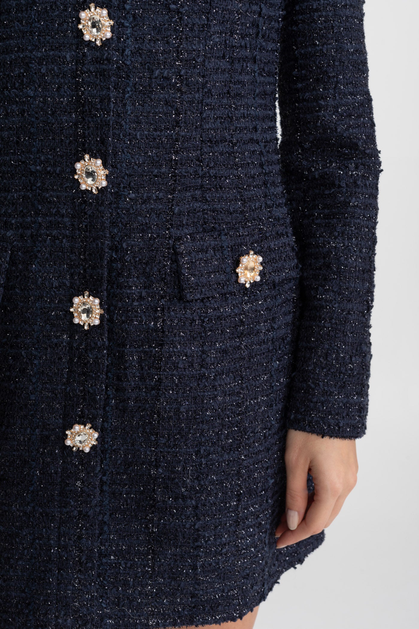 Textured Tweed Mini Dress with Crystal Button Embellishments – Navy