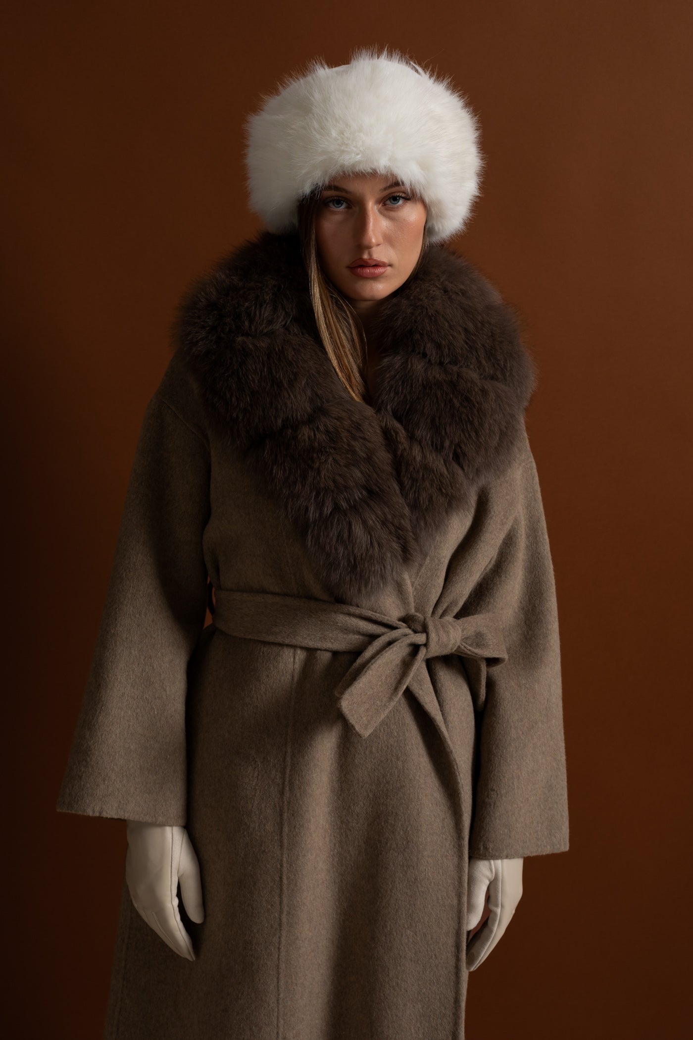 Wool Wrap Coat with Fox Fur Collar And Tie Belt – Khaki