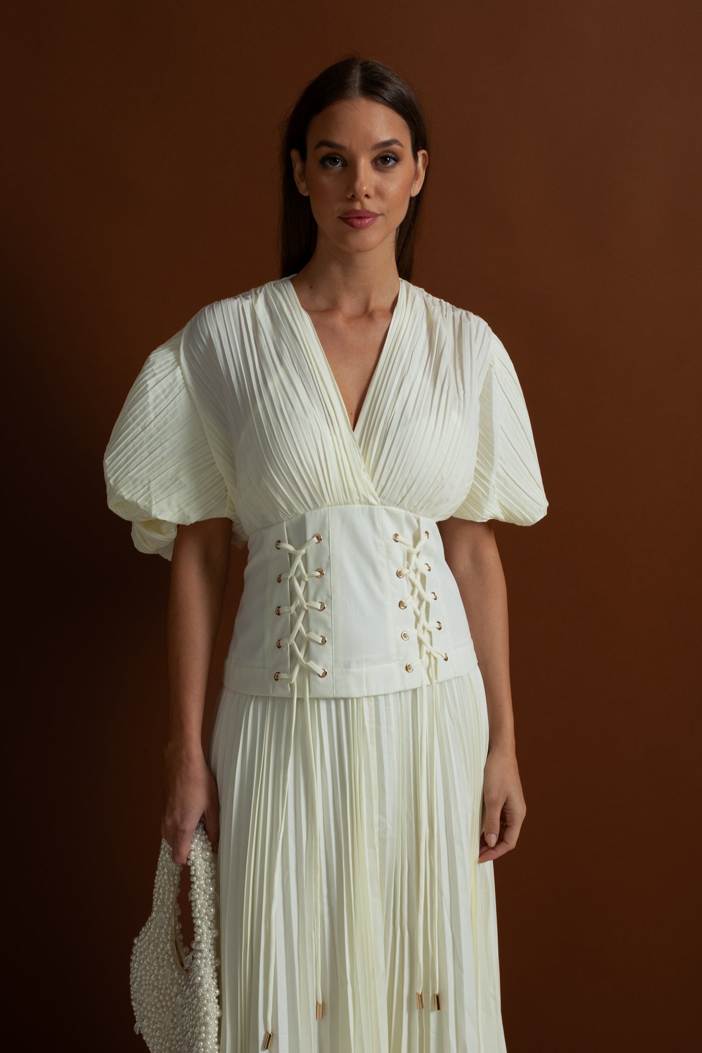 Pleated Maxi Dress with Corset Waist Detail - Ivoire
