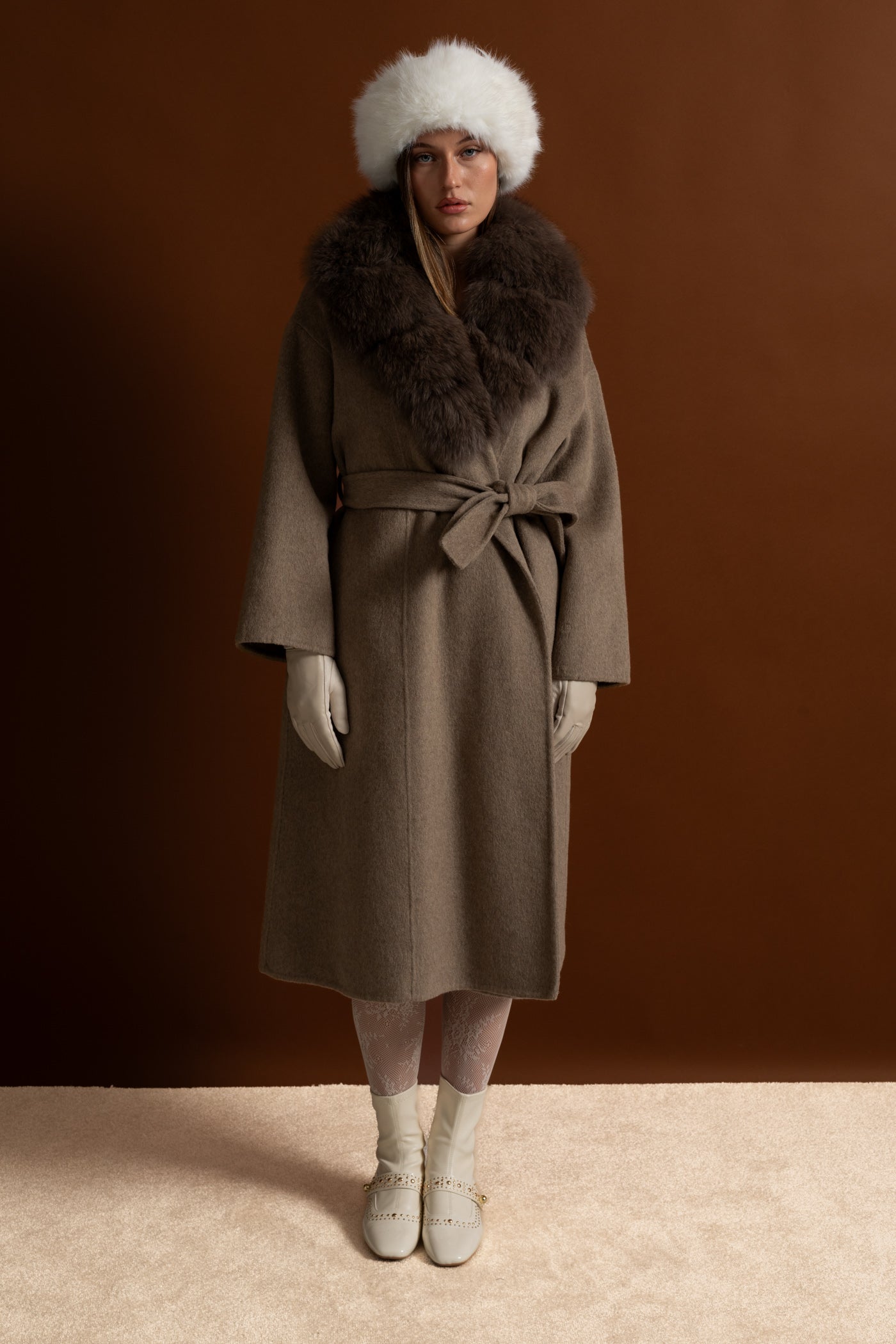 Wool Wrap Coat with Fox Fur Collar And Tie Belt – Khaki