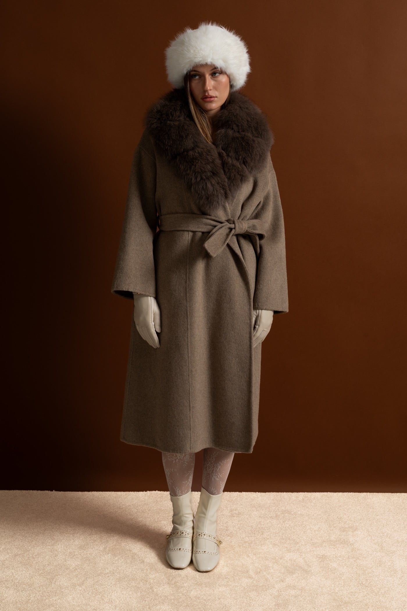 Wool Wrap Coat with Fox Fur Collar And Tie Belt – Khaki