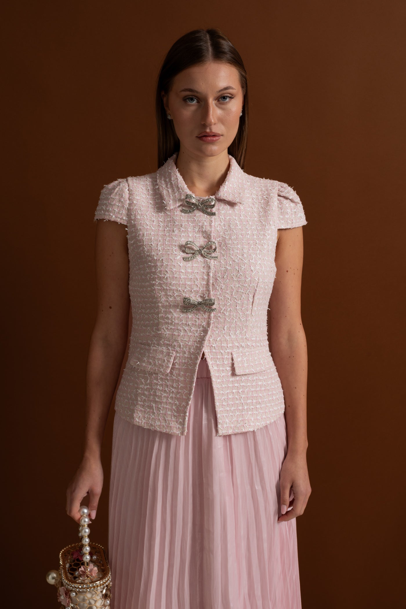 Tweed and Organza Co-ord Set with Crystal Bow Buttons - Pink