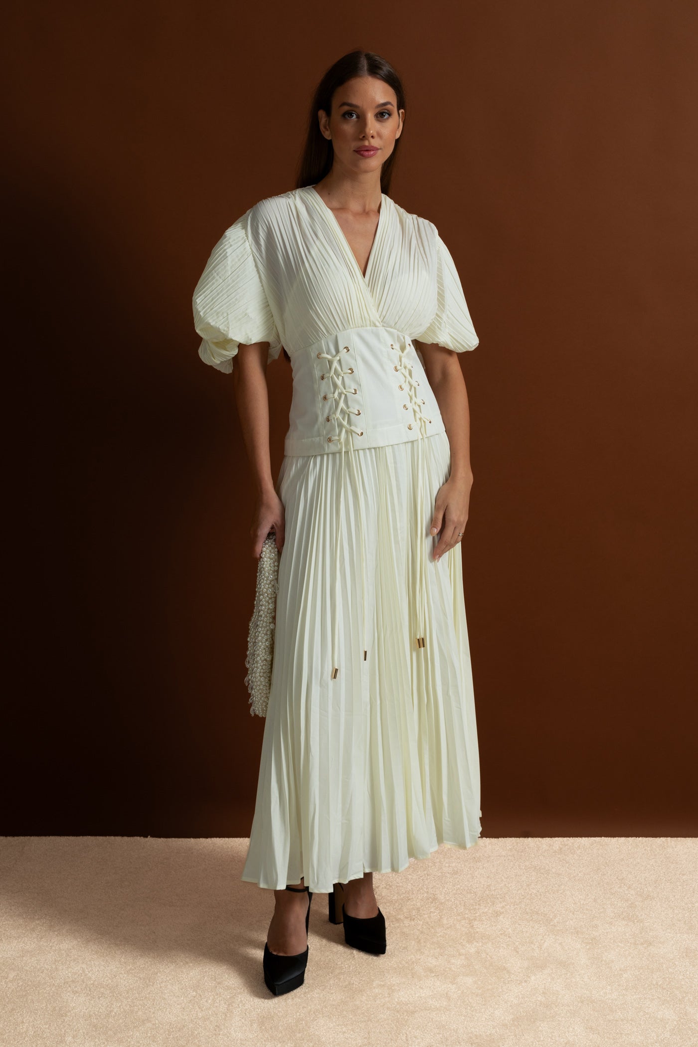 Pleated Maxi Dress with Corset Waist Detail - Ivoire
