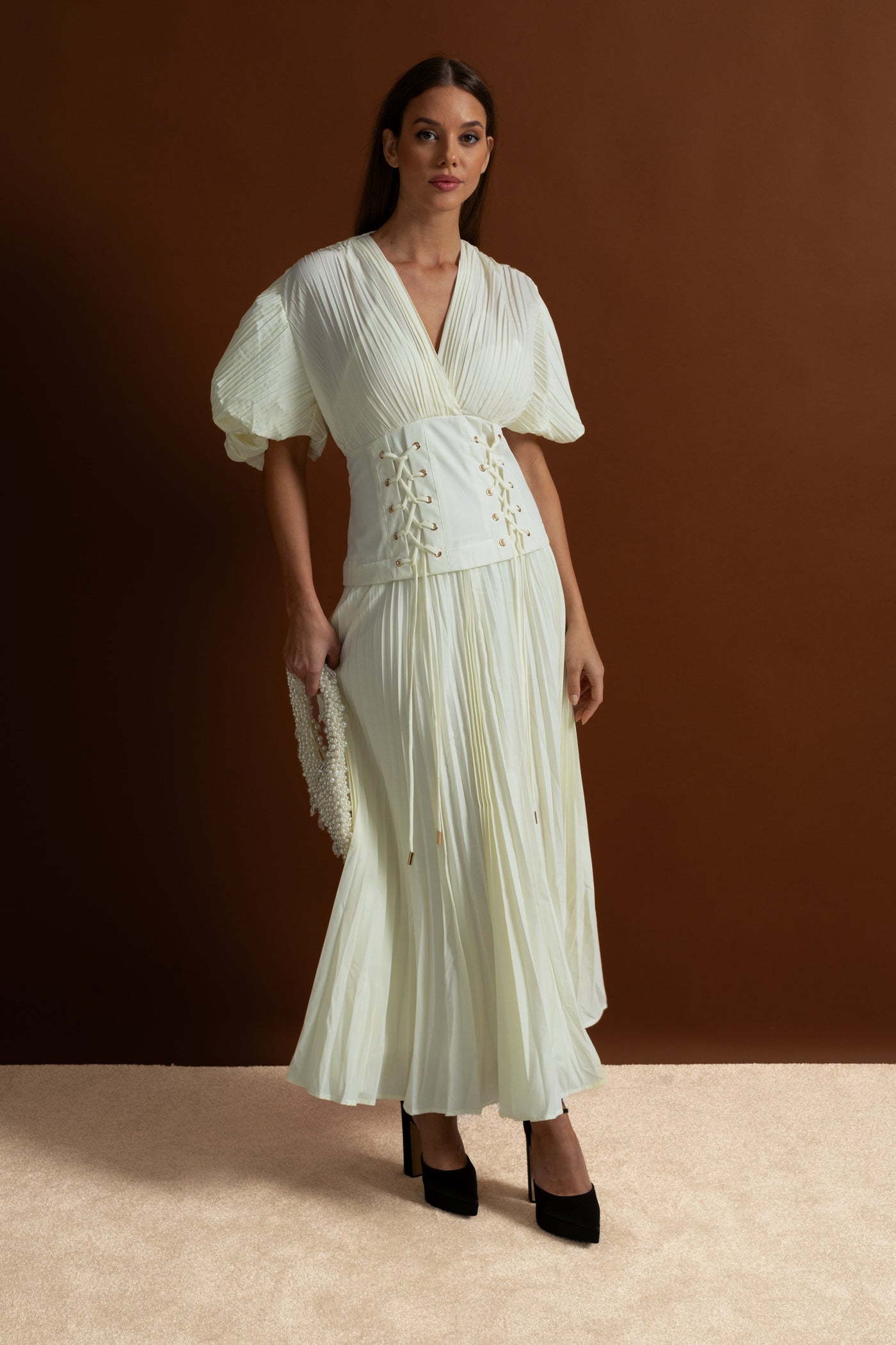 Pleated Maxi Dress with Corset Waist Detail - Ivoire