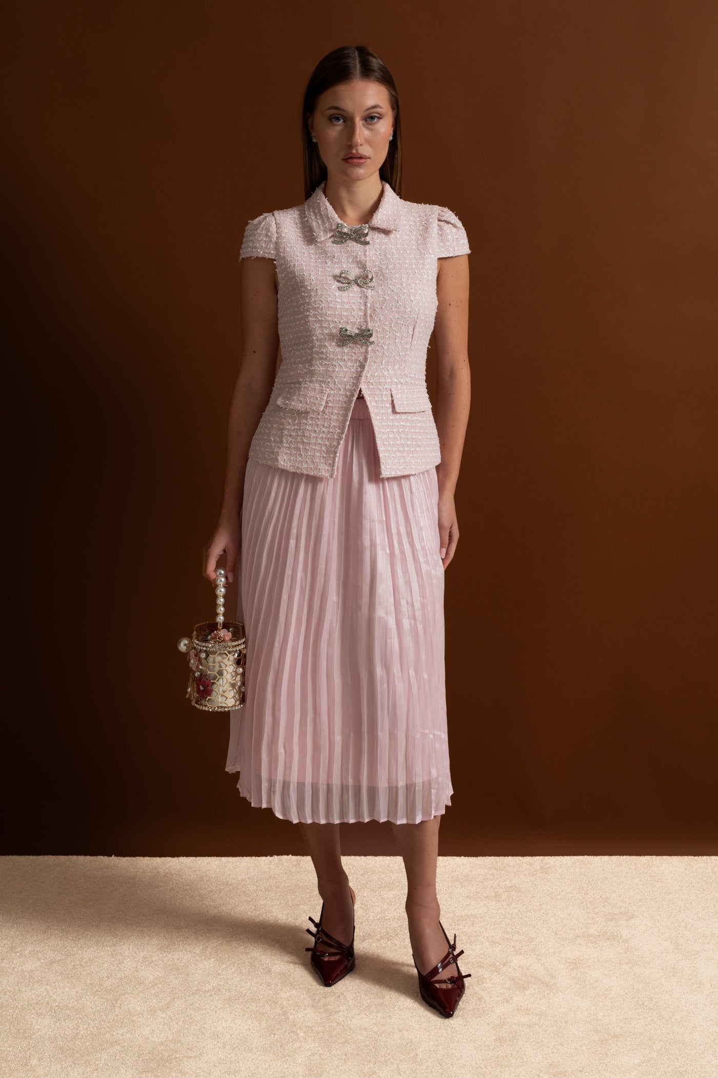 Tweed and Organza Co-ord Set with Crystal Bow Buttons - Pink