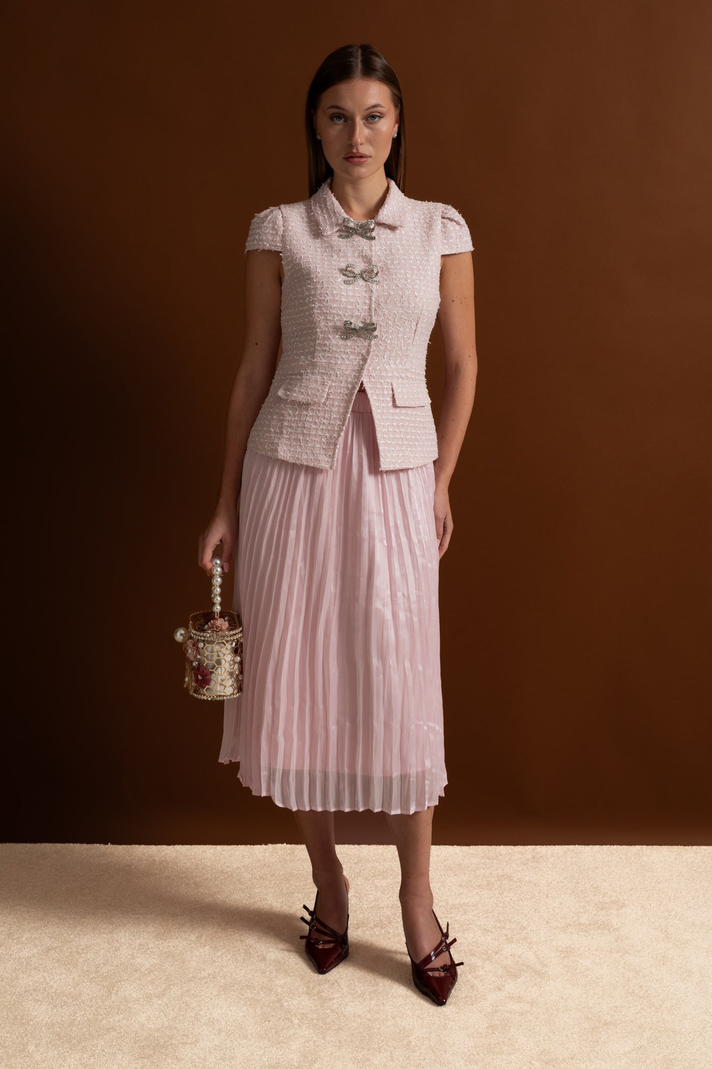 Tweed and Organza Co-ord Set with Crystal Bow Buttons - Pink