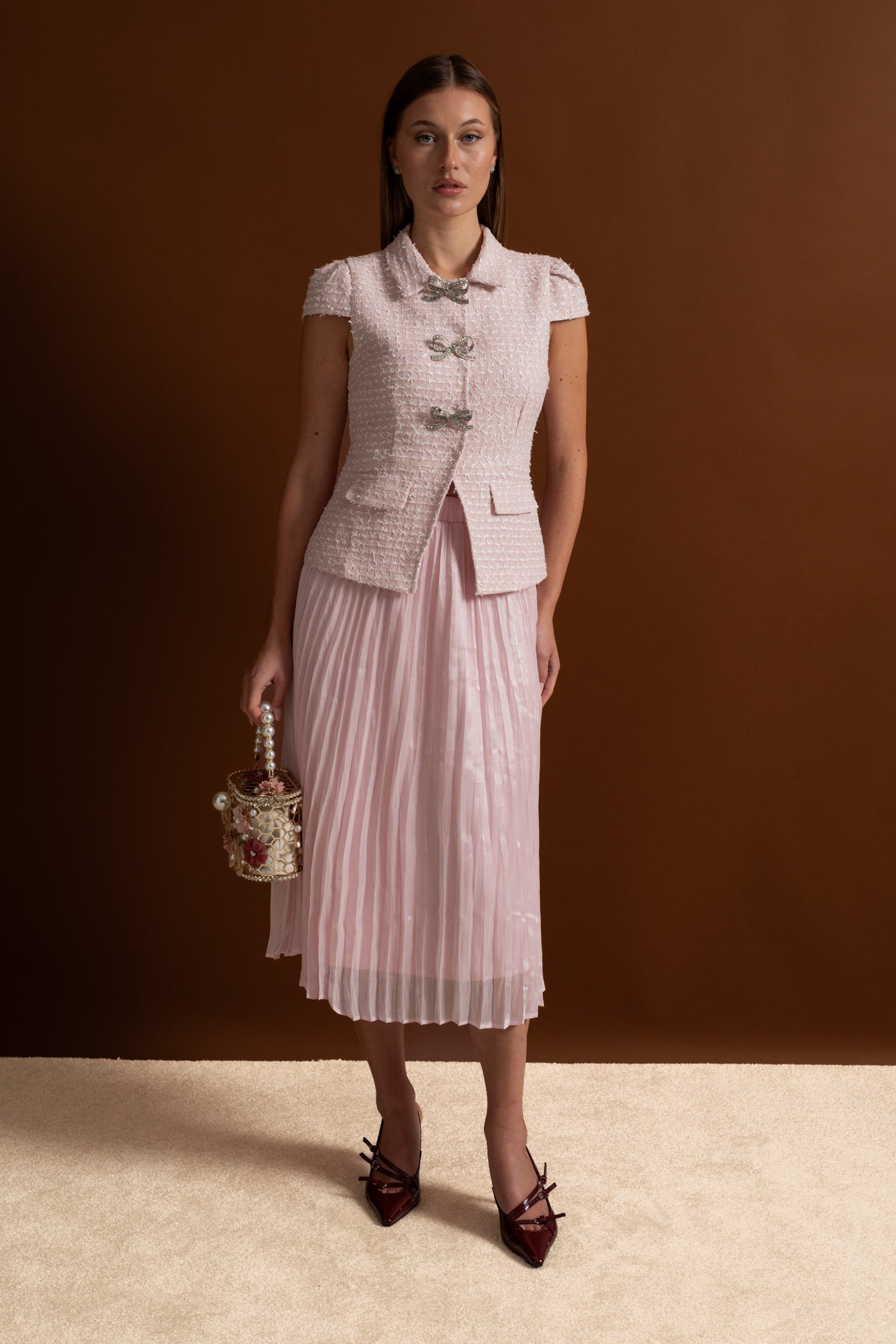 Tweed and Organza Co-ord Set with Crystal Bow Buttons - Pink