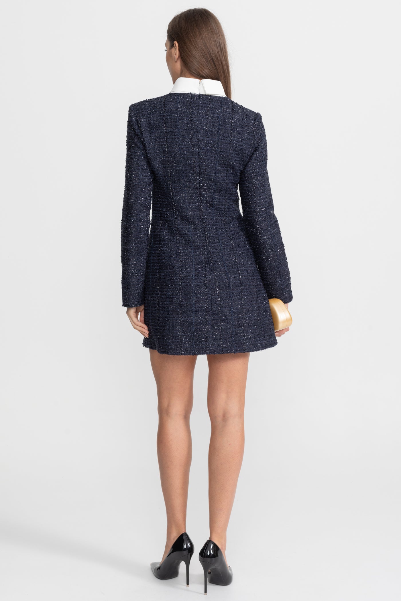 Textured Tweed Mini Dress with Crystal Button Embellishments – Navy