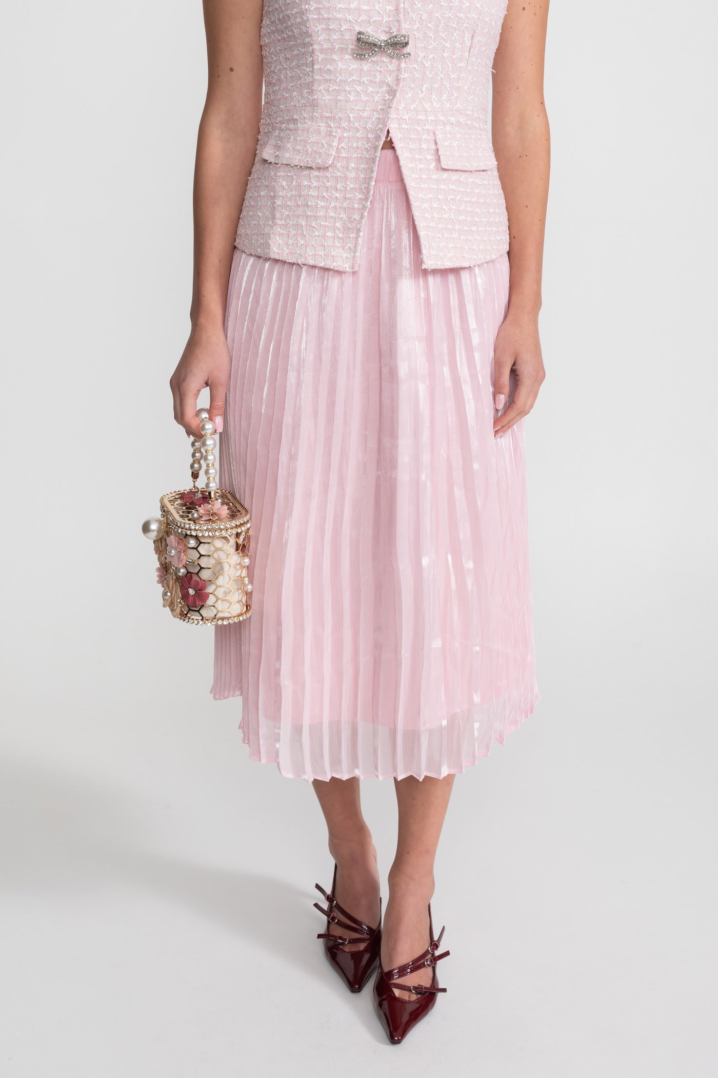 Tweed and Organza Co-ord Set with Crystal Bow Buttons - Pink