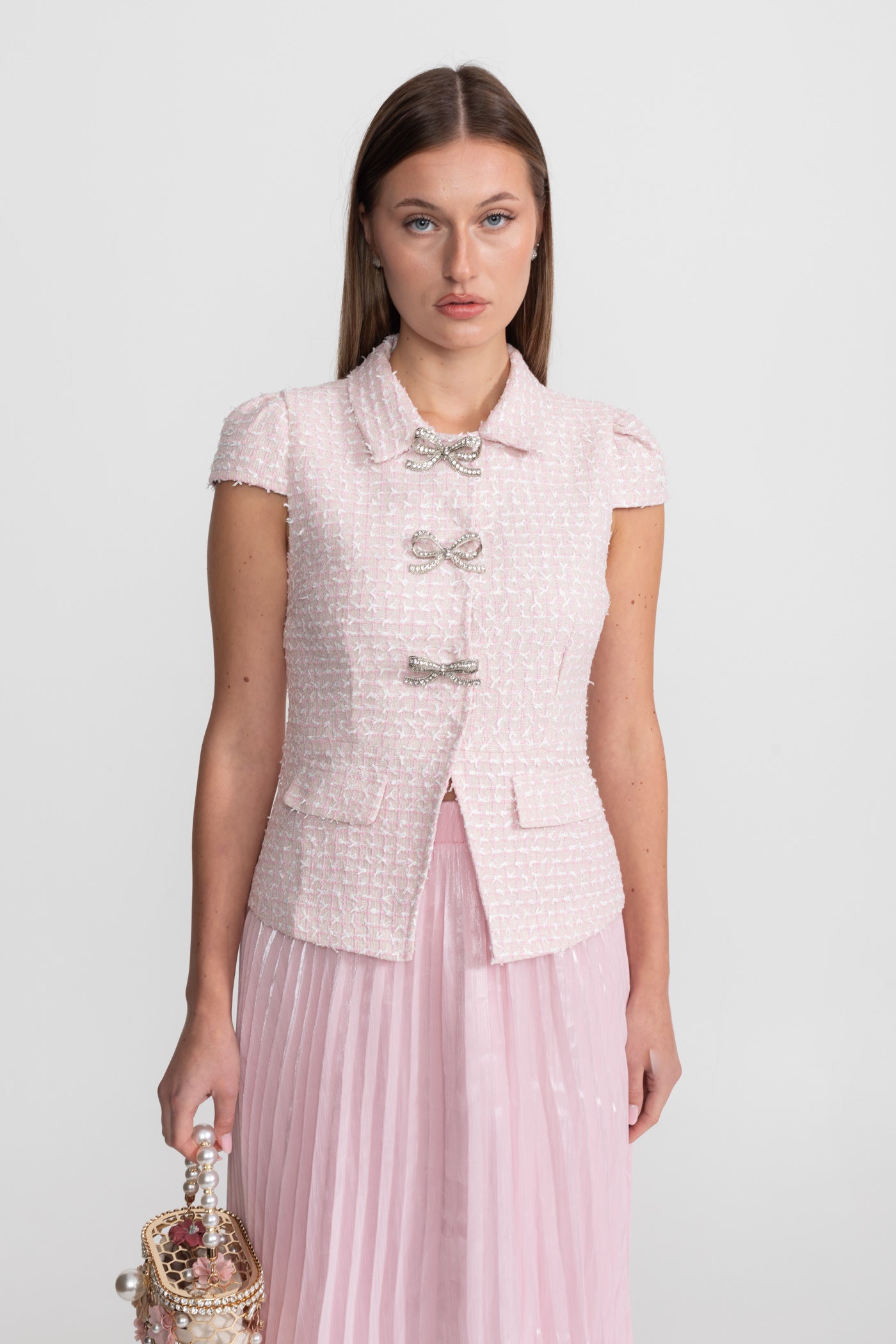 Tweed and Organza Co-ord Set with Crystal Bow Buttons - Pink