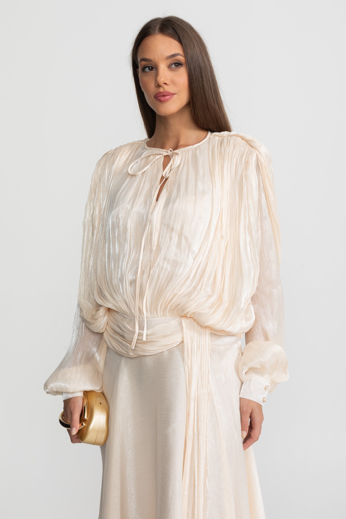 Maxi Dress with Pleated Bodice and Draped Skirt - Ivoire