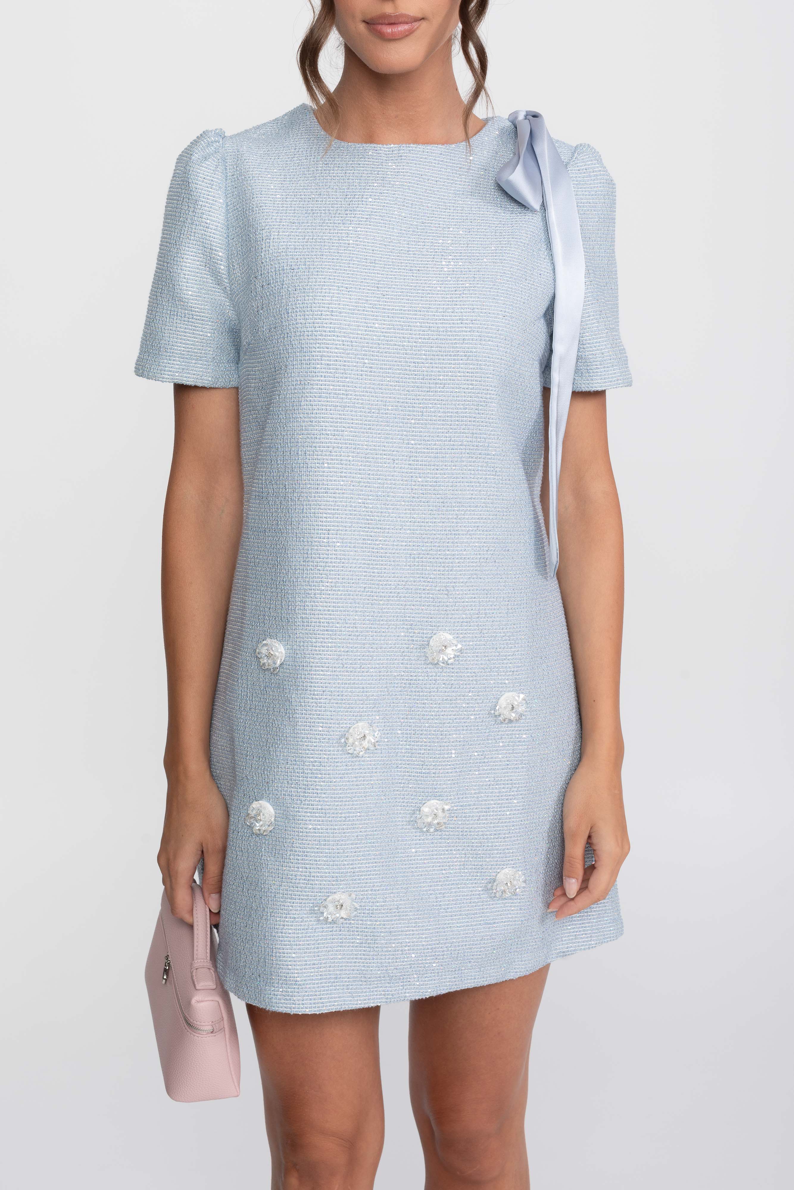 Bow Shoulder Sequin Tweed Mini Dress With Sparkling Flowers - Light Blue