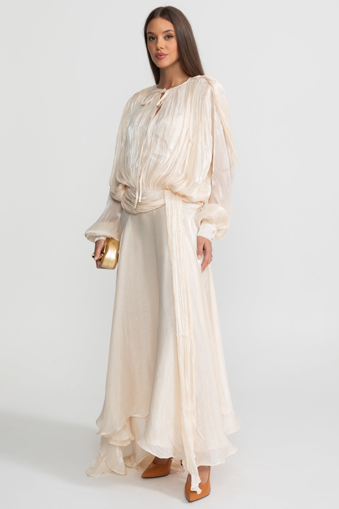 Maxi Dress with Pleated Bodice and Draped Skirt - Ivoire