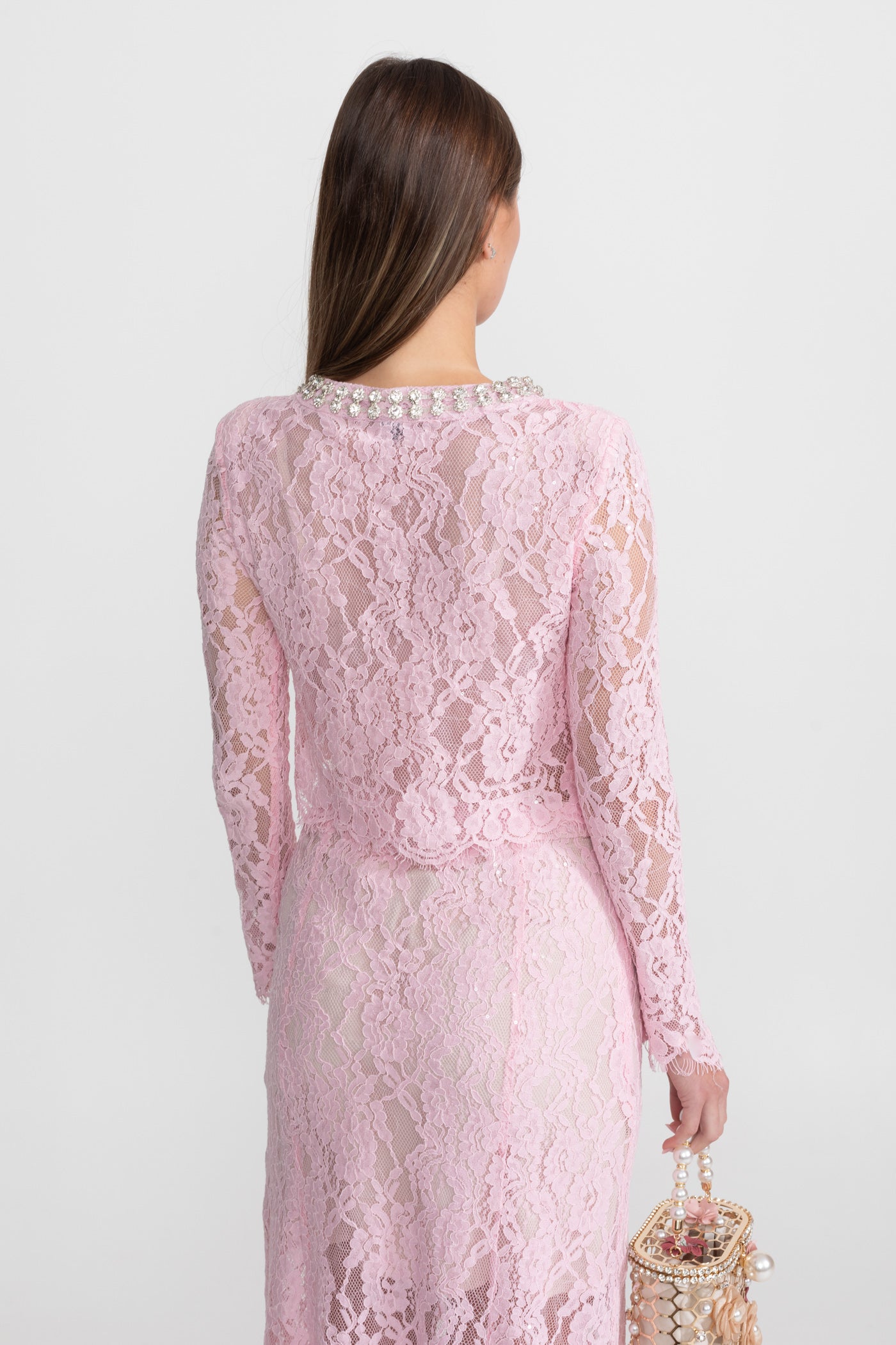 Lace Co-ord Set with Embellished Collar and Buttons - Pink