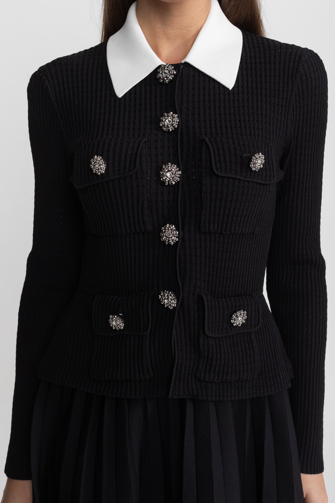 Ribbed Knit Mini Dress with Contrast Collar and Pleated Skirt – Black