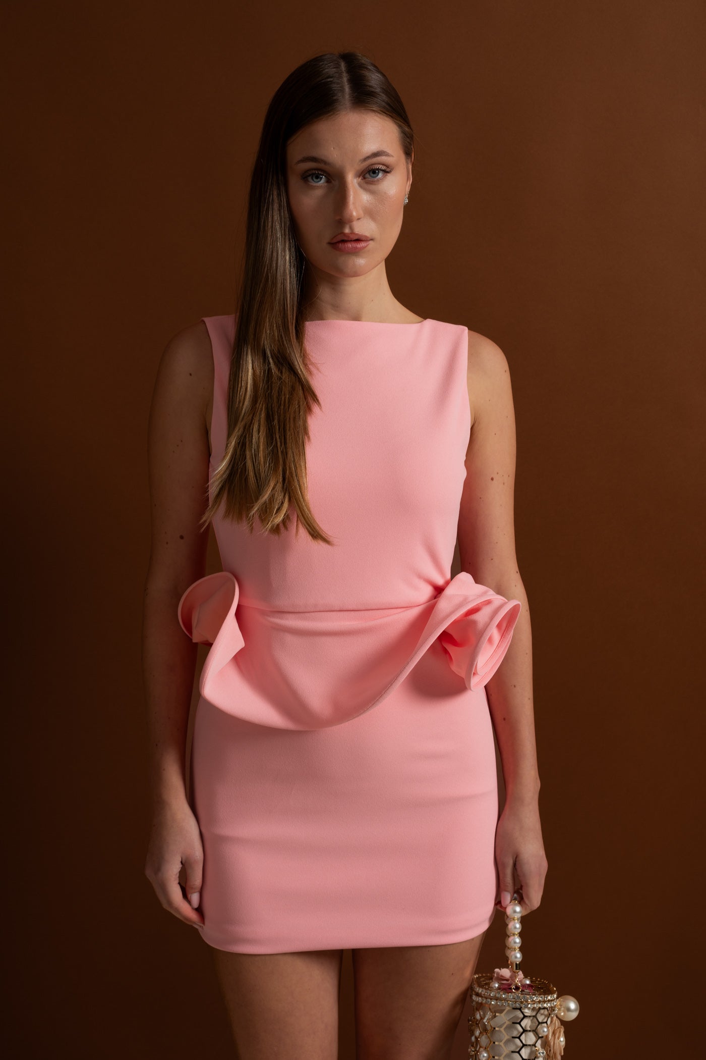 Mini Dress with Sculptural Peplum Detail - Pink