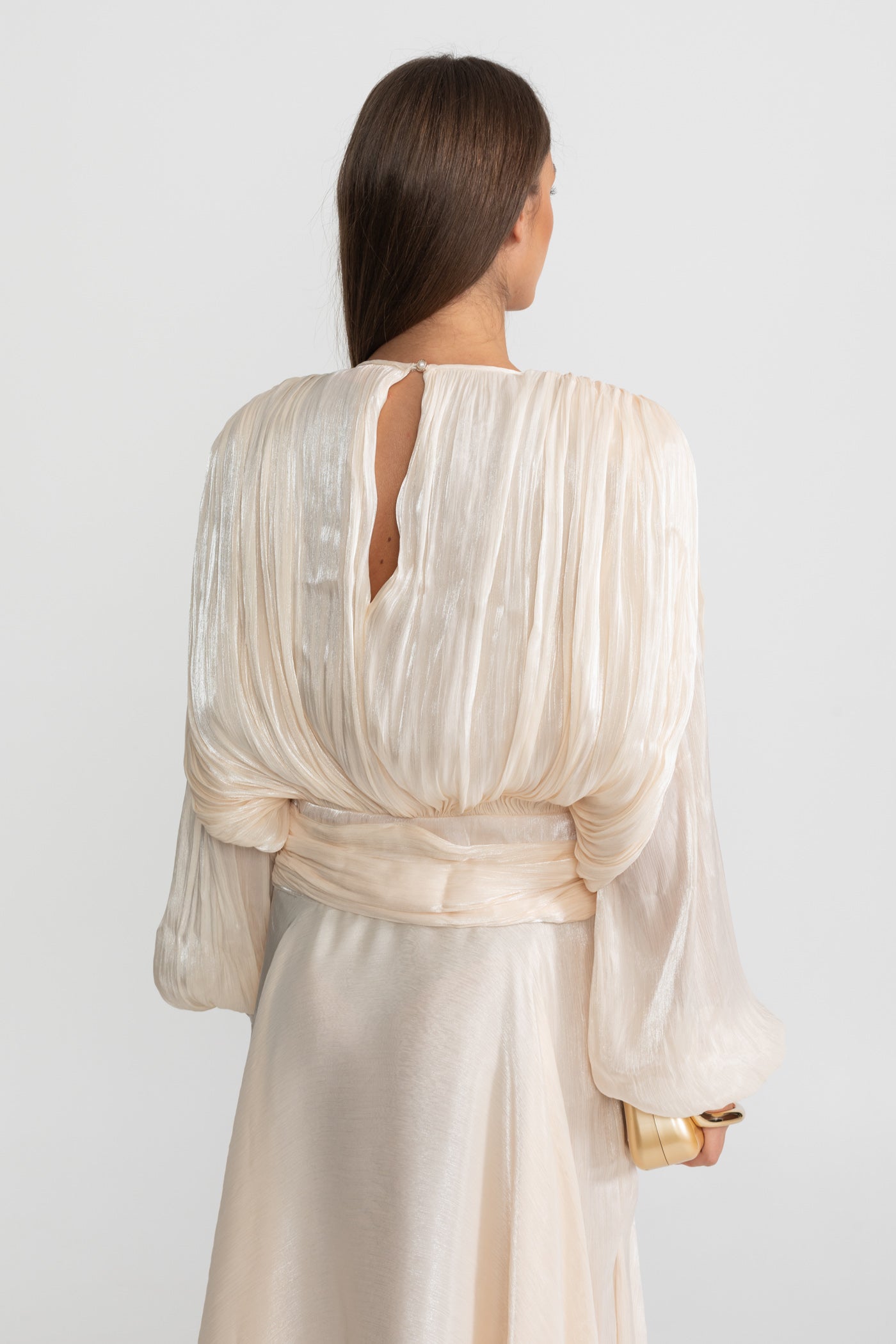 Maxi Dress with Pleated Bodice and Draped Skirt - Ivoire