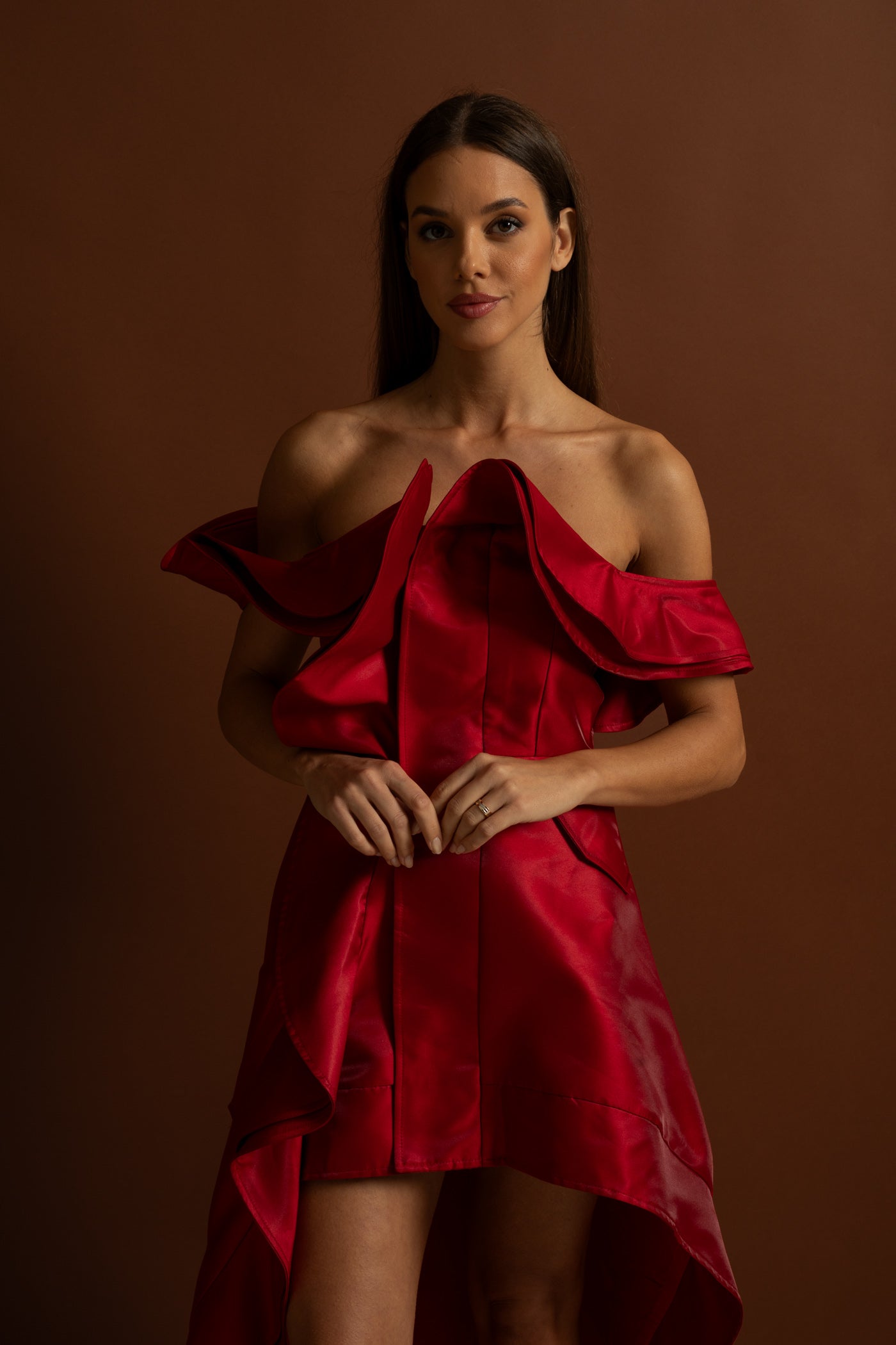 Off-Shoulder Ruffled High-Low Satin Dress – Crimson Red