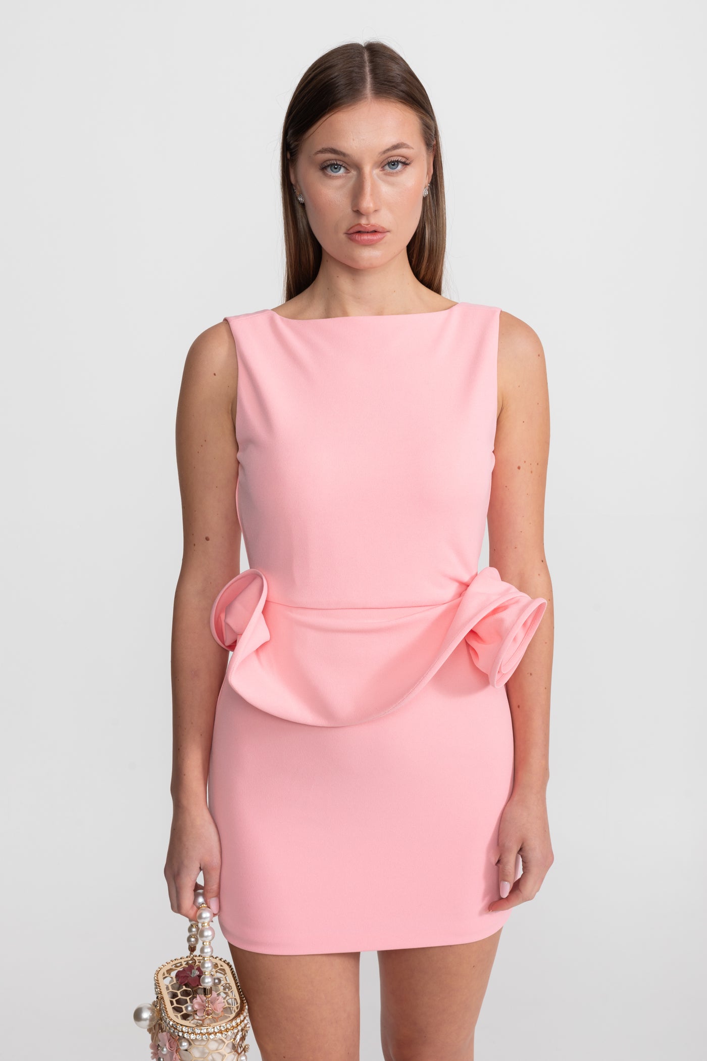 Mini Dress with Sculptural Peplum Detail - Pink