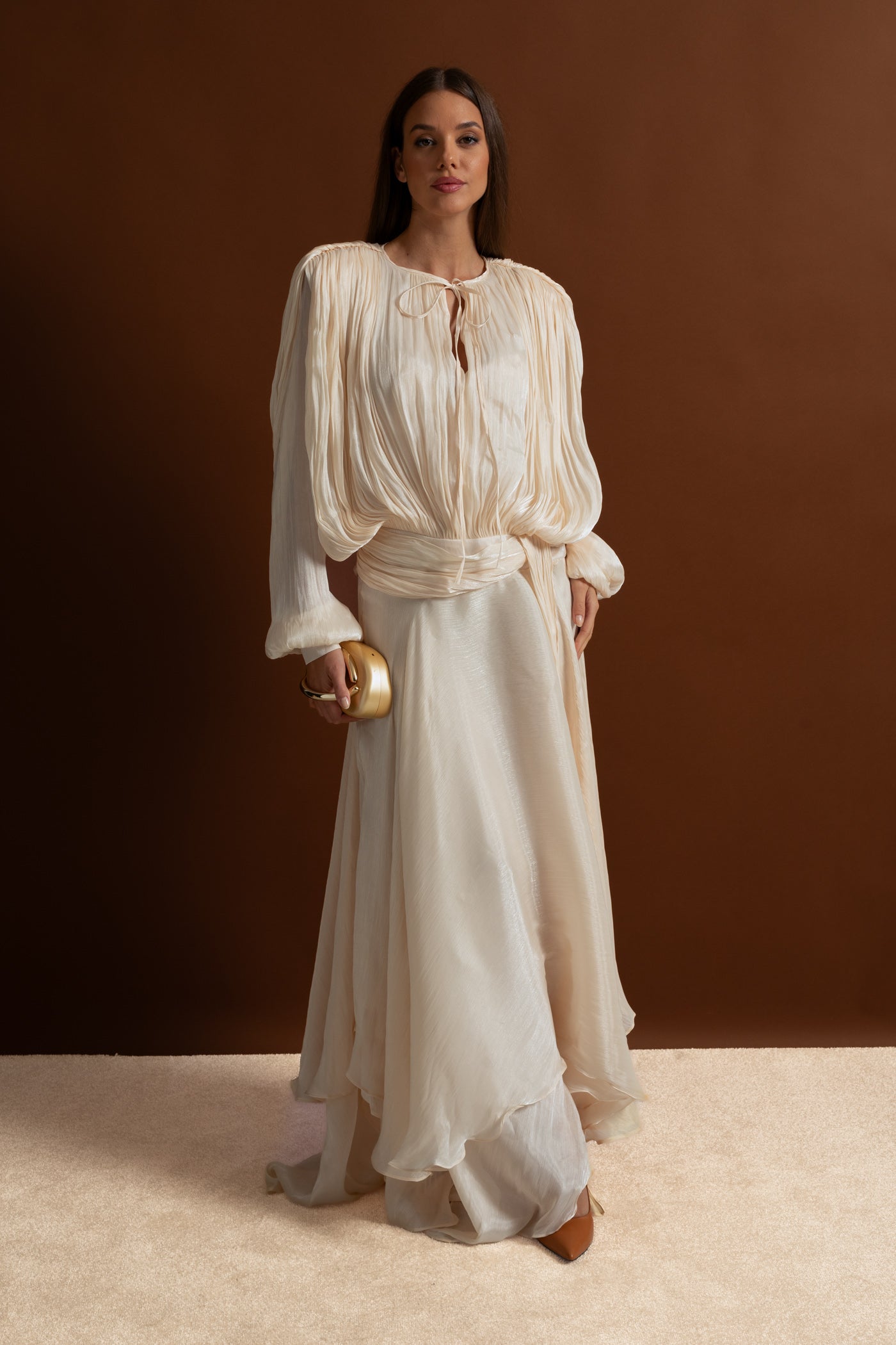 Maxi Dress with Pleated Bodice and Draped Skirt - Ivoire