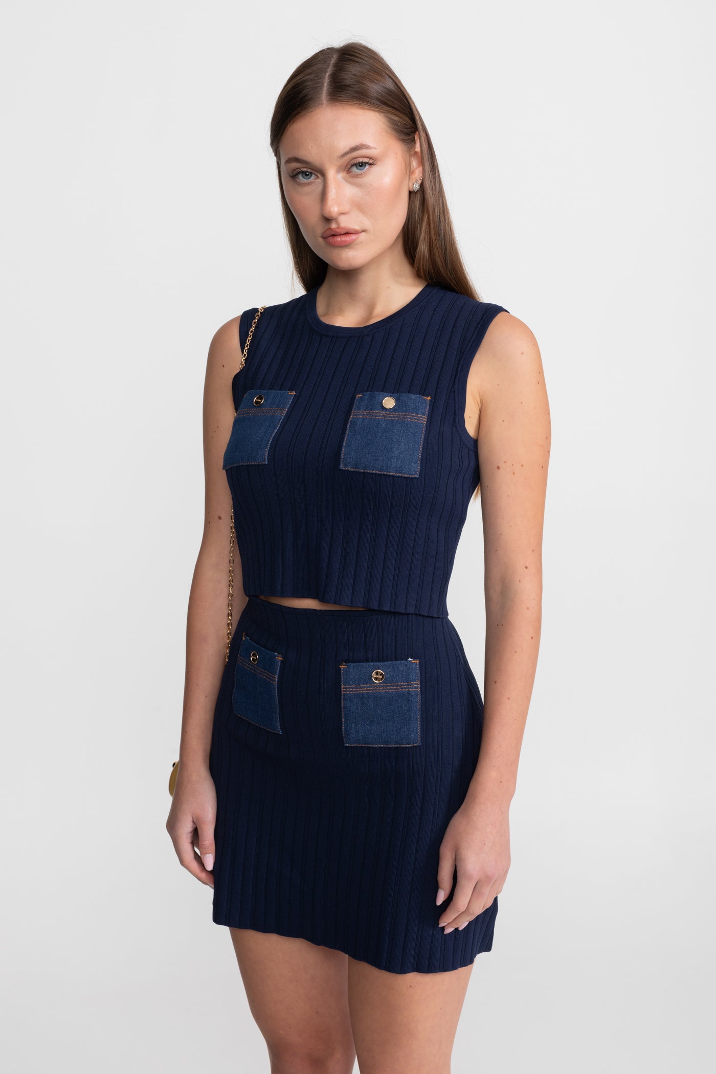 Ribbed Knit Co-ord Set with Contrast Denim Pockets - Dark Blue
