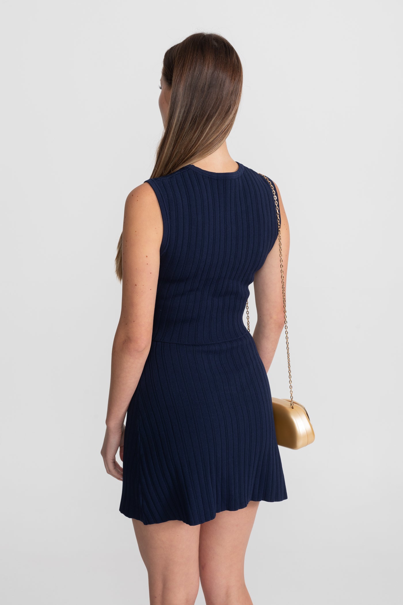 Ribbed Knit Co-ord Set with Contrast Denim Pockets - Dark Blue