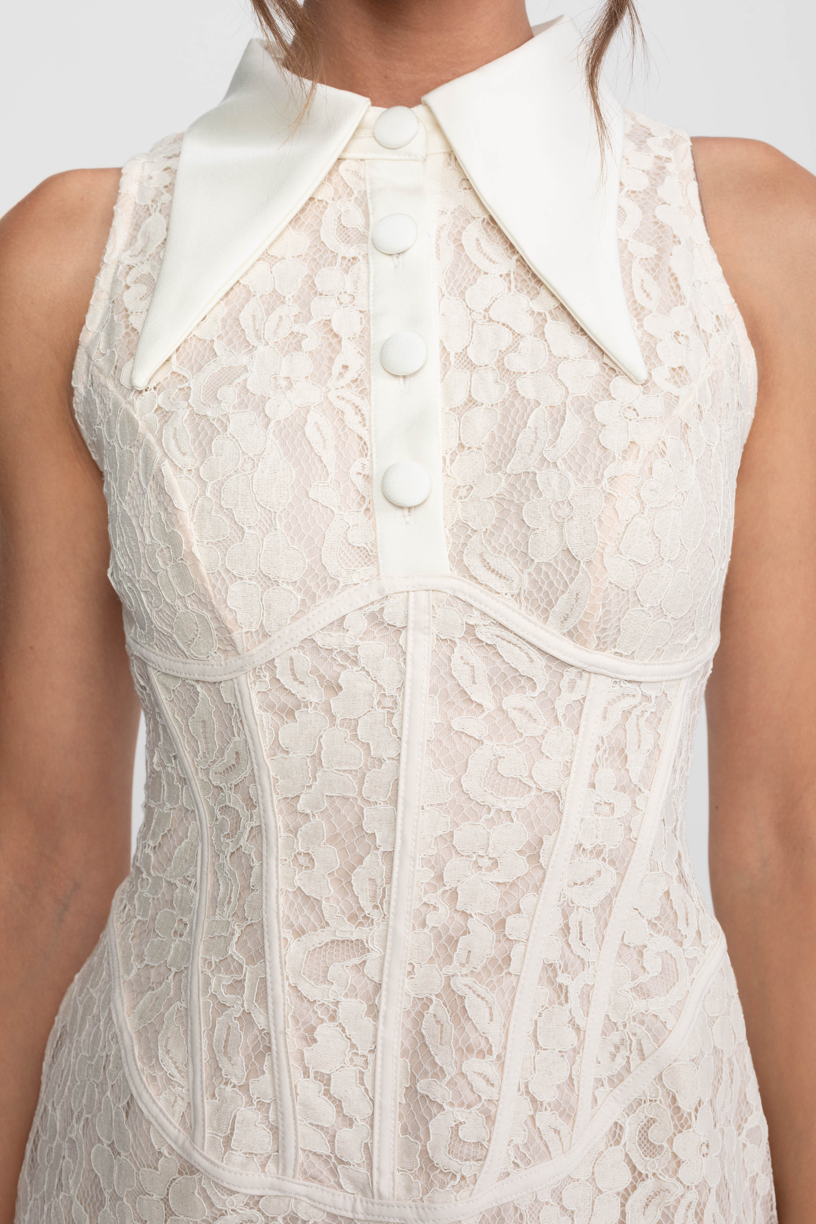 Lace Corset Collared Mini Dress With Buttoned Front - Ivoire
