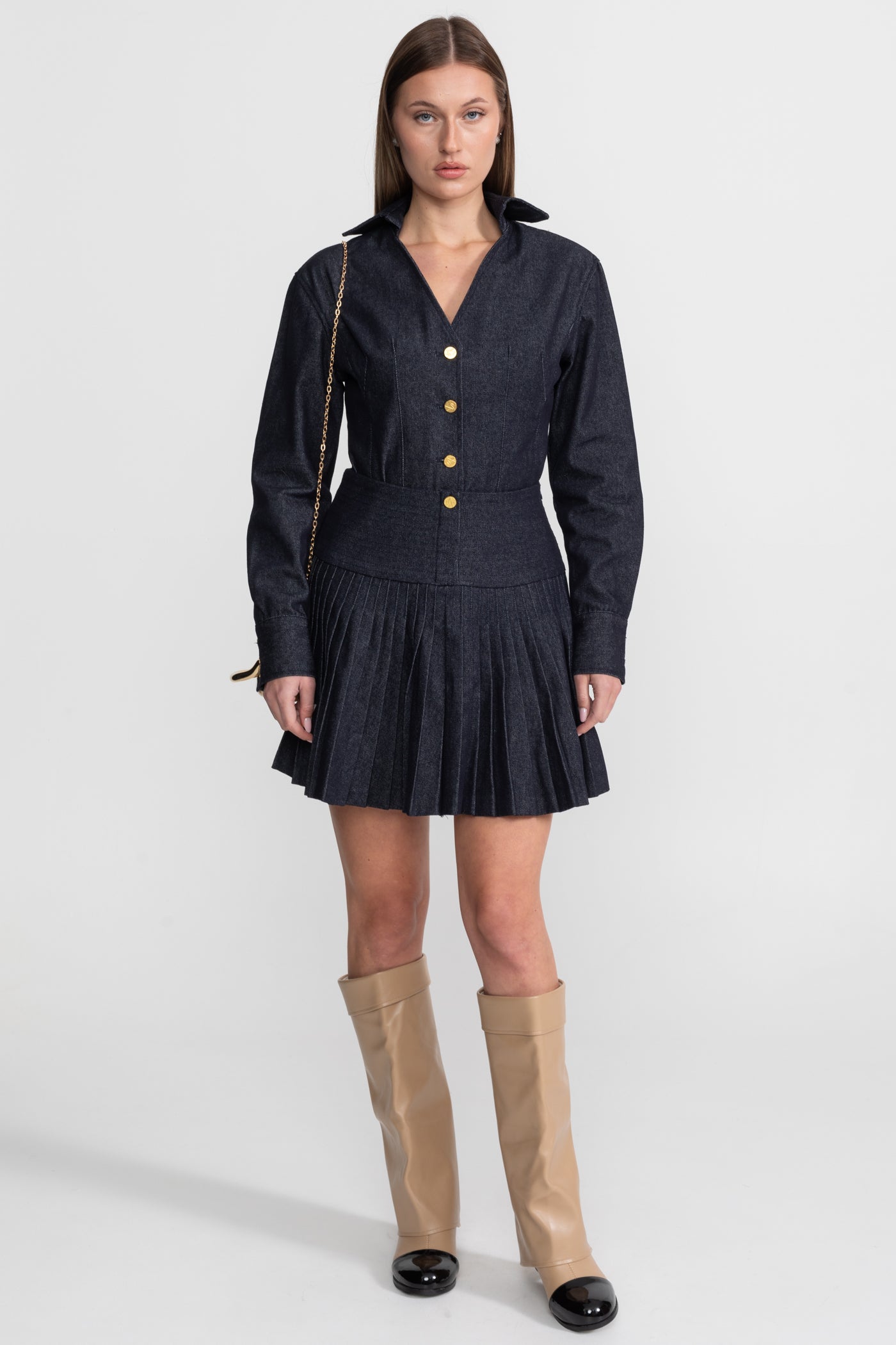 Denim Co-ord Set with Pleated Skirt and Gold Buttons - Dark Blue