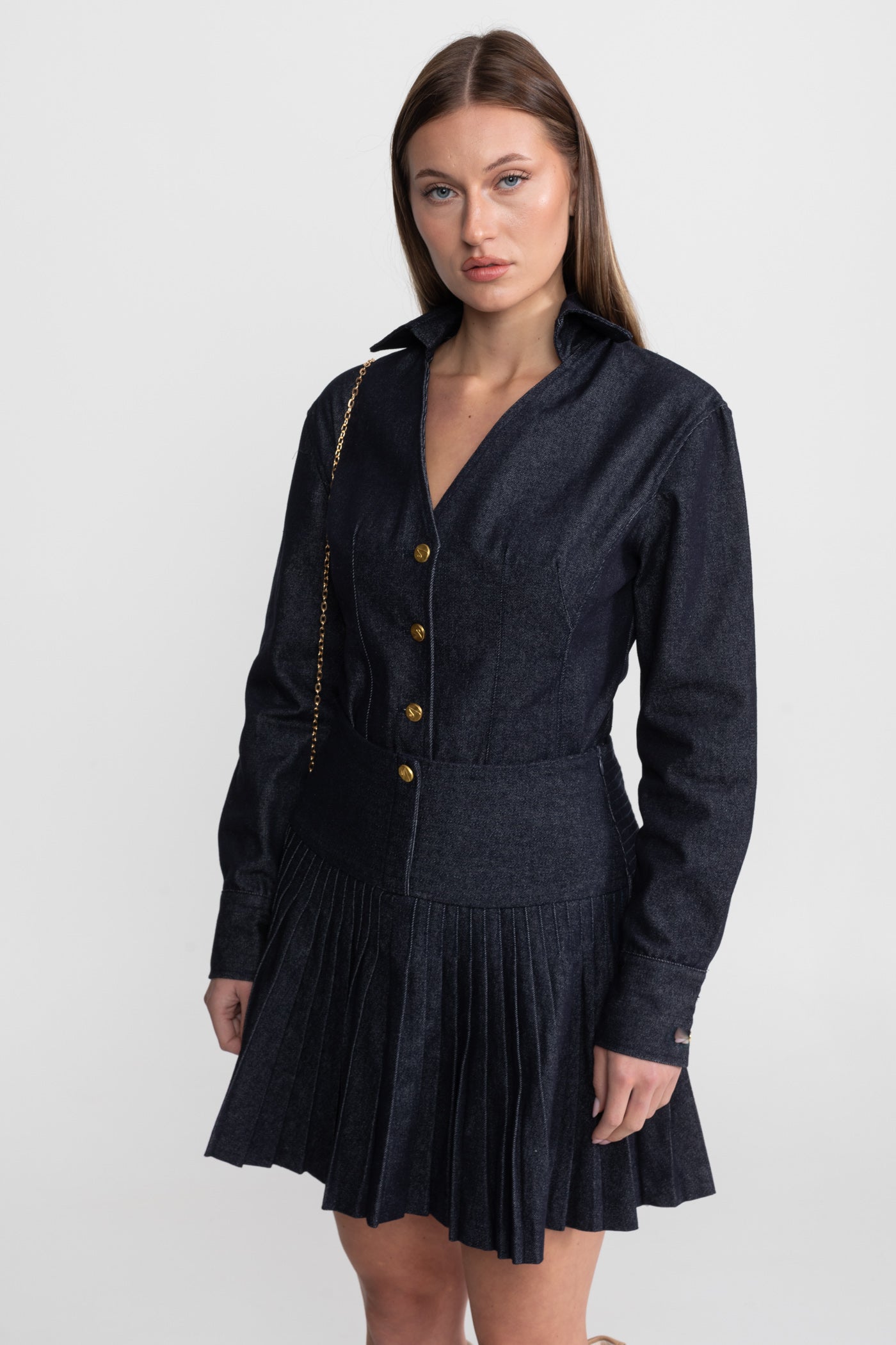 Denim Co-ord Set with Pleated Skirt and Gold Buttons - Dark Blue