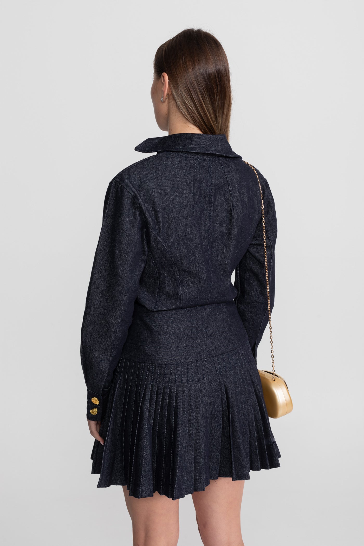 Denim Co-ord Set with Pleated Skirt and Gold Buttons - Dark Blue