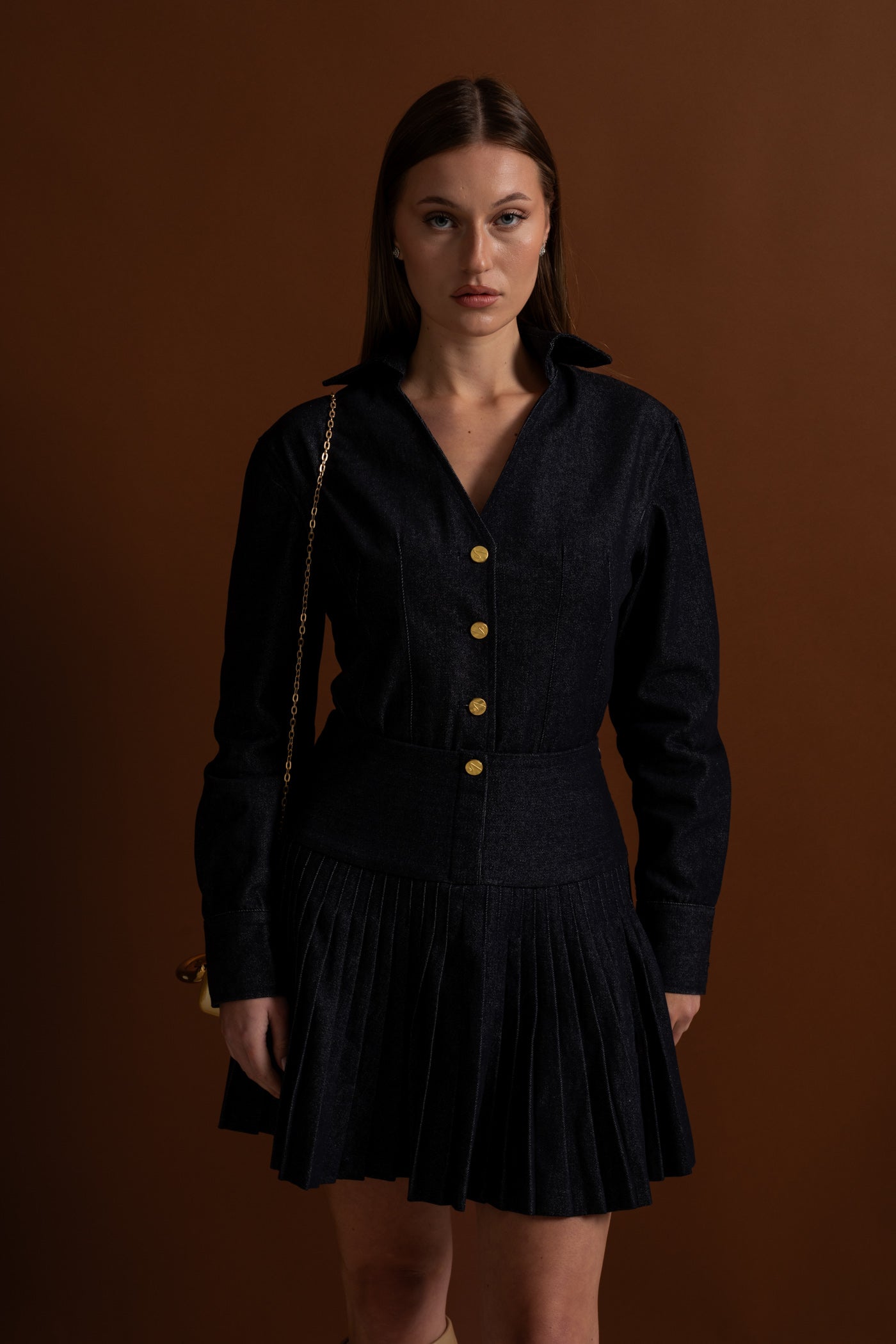 Denim Co-ord Set with Pleated Skirt and Gold Buttons - Dark Blue
