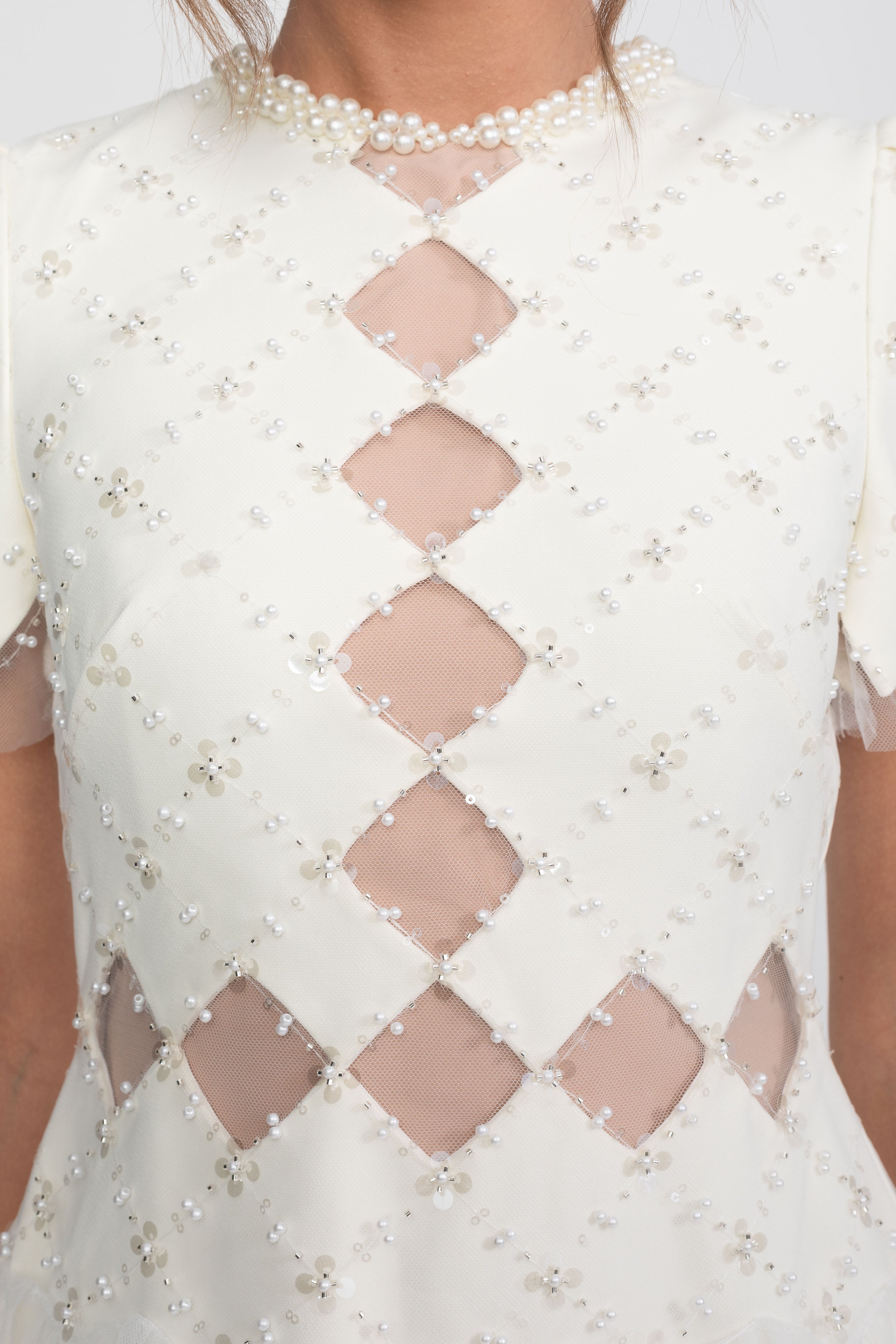 Diamond Cut-Out Beaded Dress With Pearl Trim - White