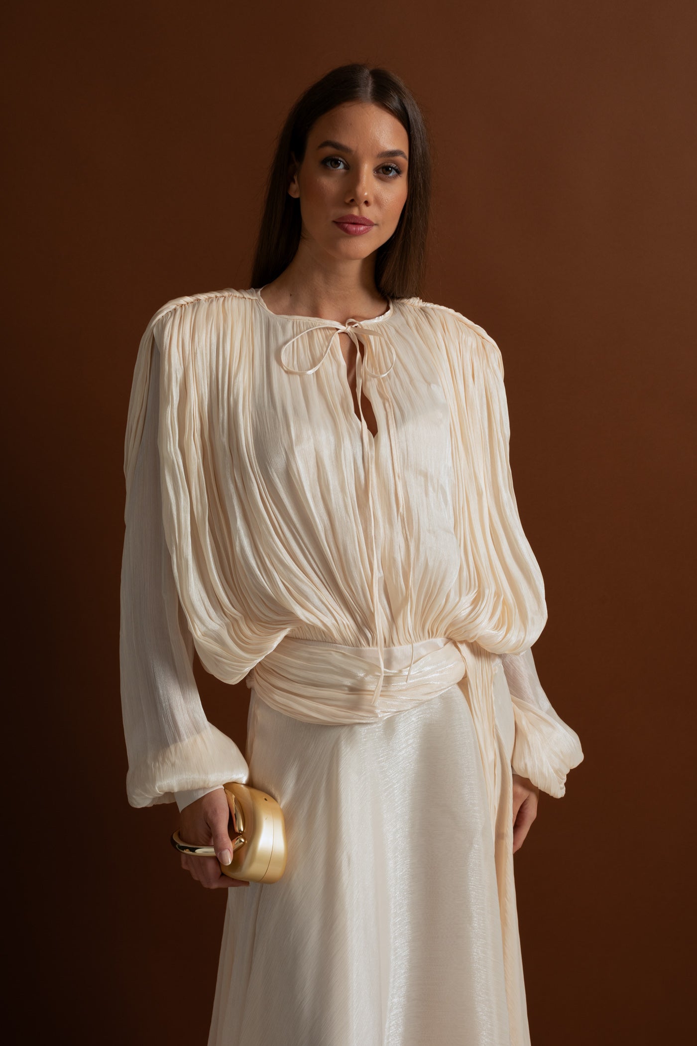 Maxi Dress with Pleated Bodice and Draped Skirt - Ivoire