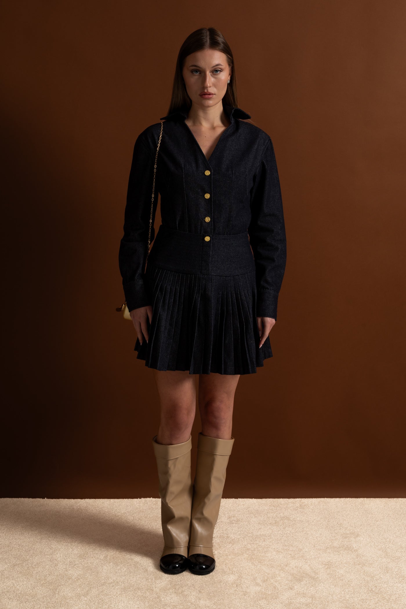 Denim Co-ord Set with Pleated Skirt and Gold Buttons - Dark Blue
