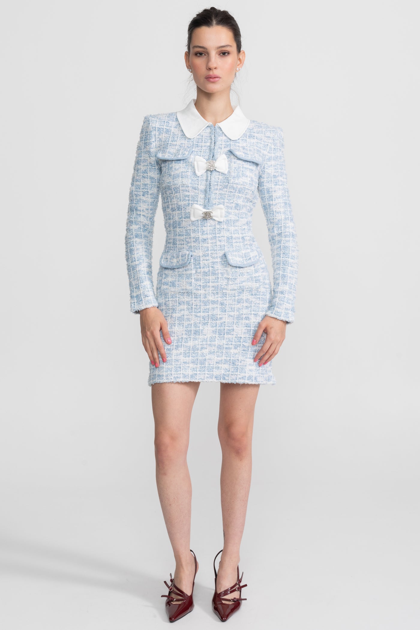 Tweed Mini Dress with Contrast Collar and Bow Embellishments - Light Blue