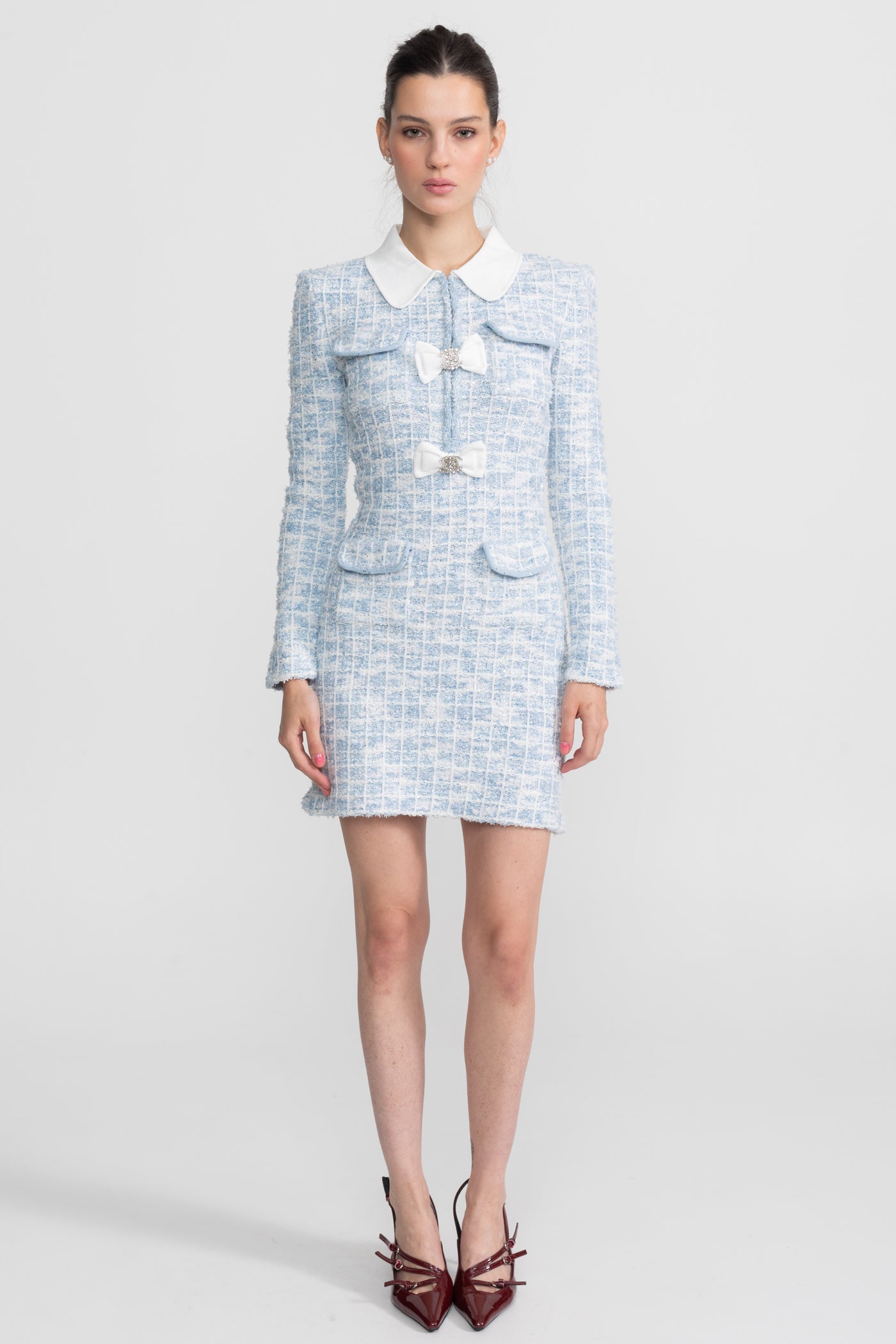 Tweed Mini Dress with Contrast Collar and Bow Embellishments - Light Blue