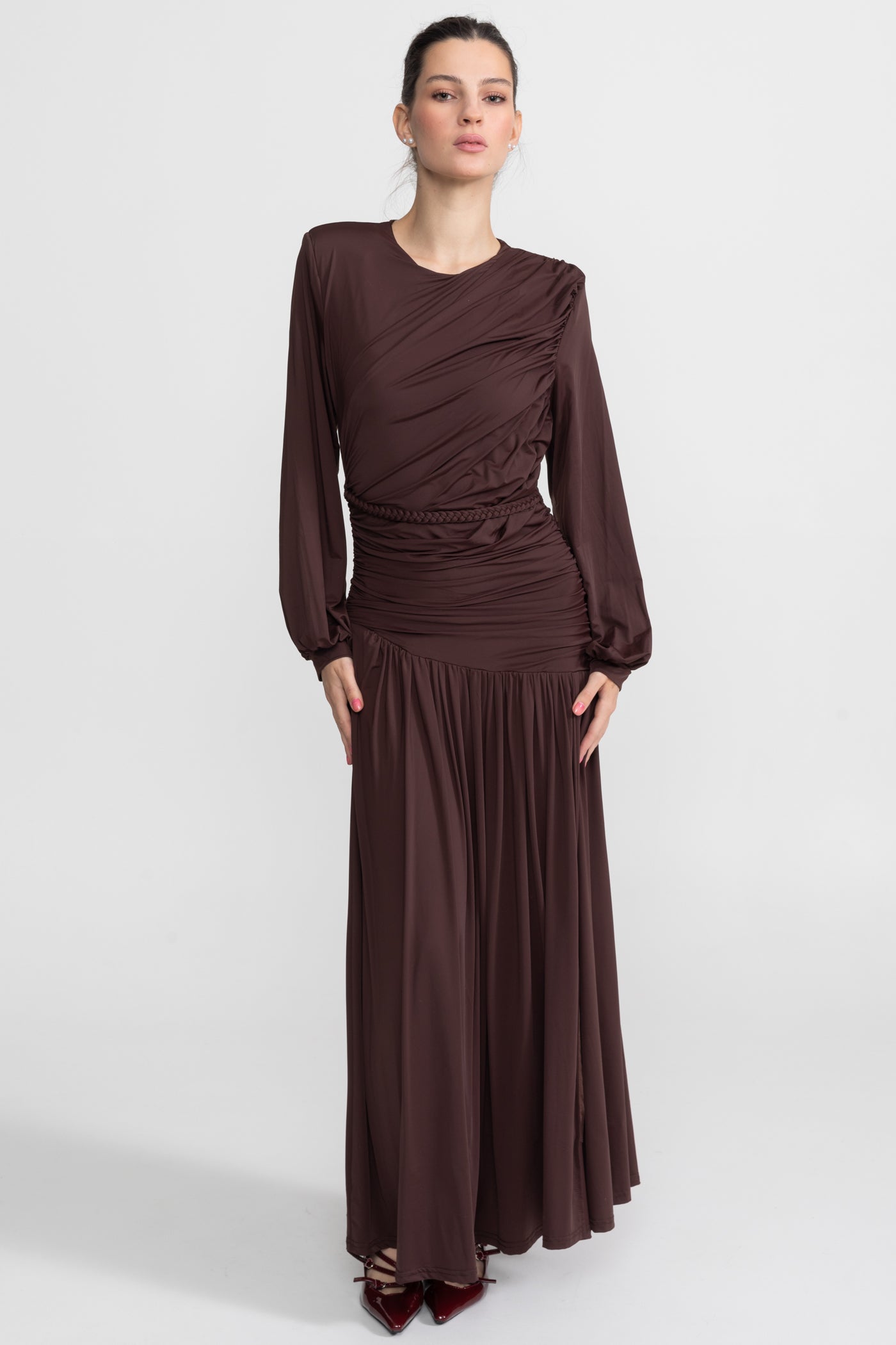 Draped Maxi Dress with Braided Waist Detail - Brown
