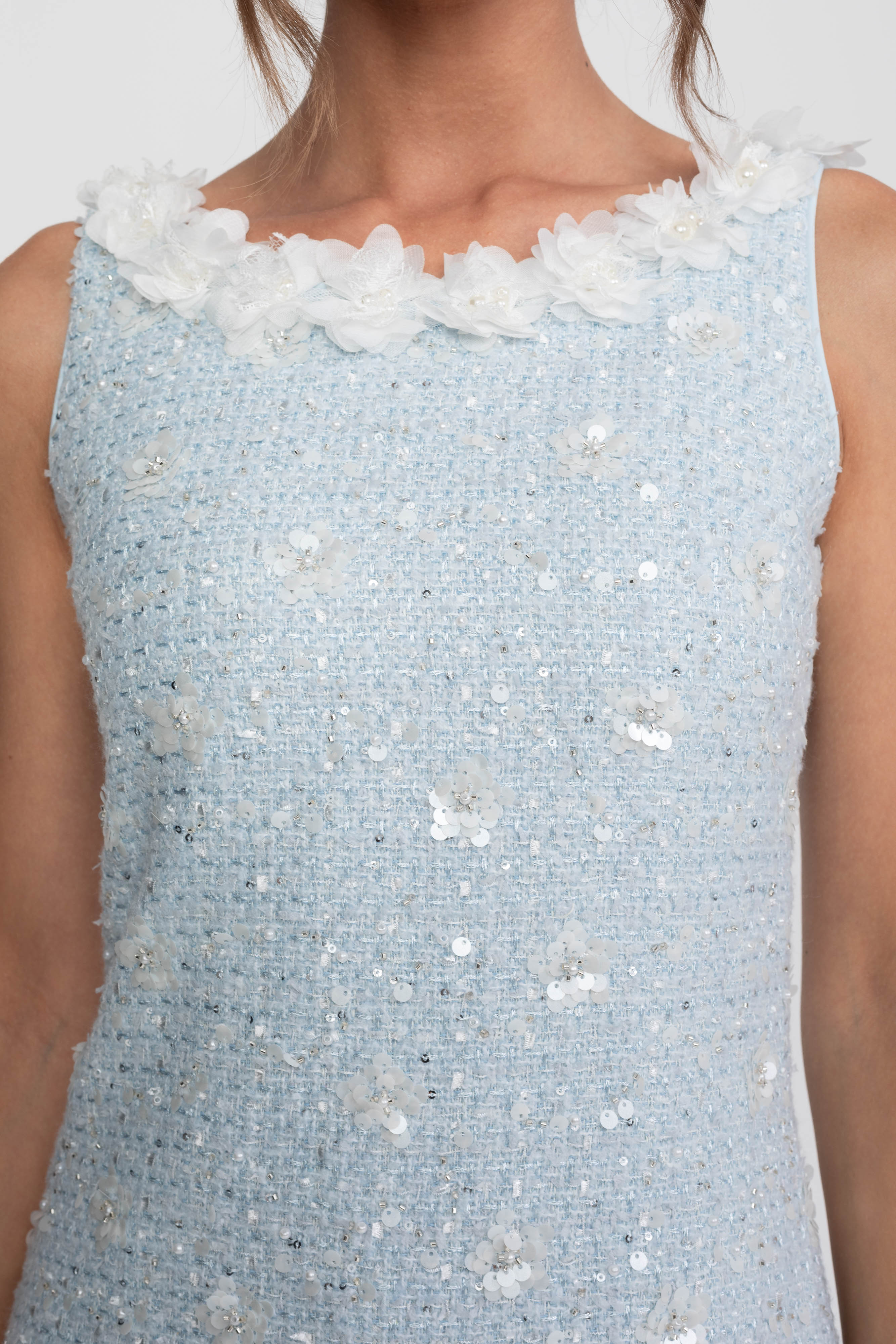 Ribbed Knit Mini Dress With Floral collar - Light Blue