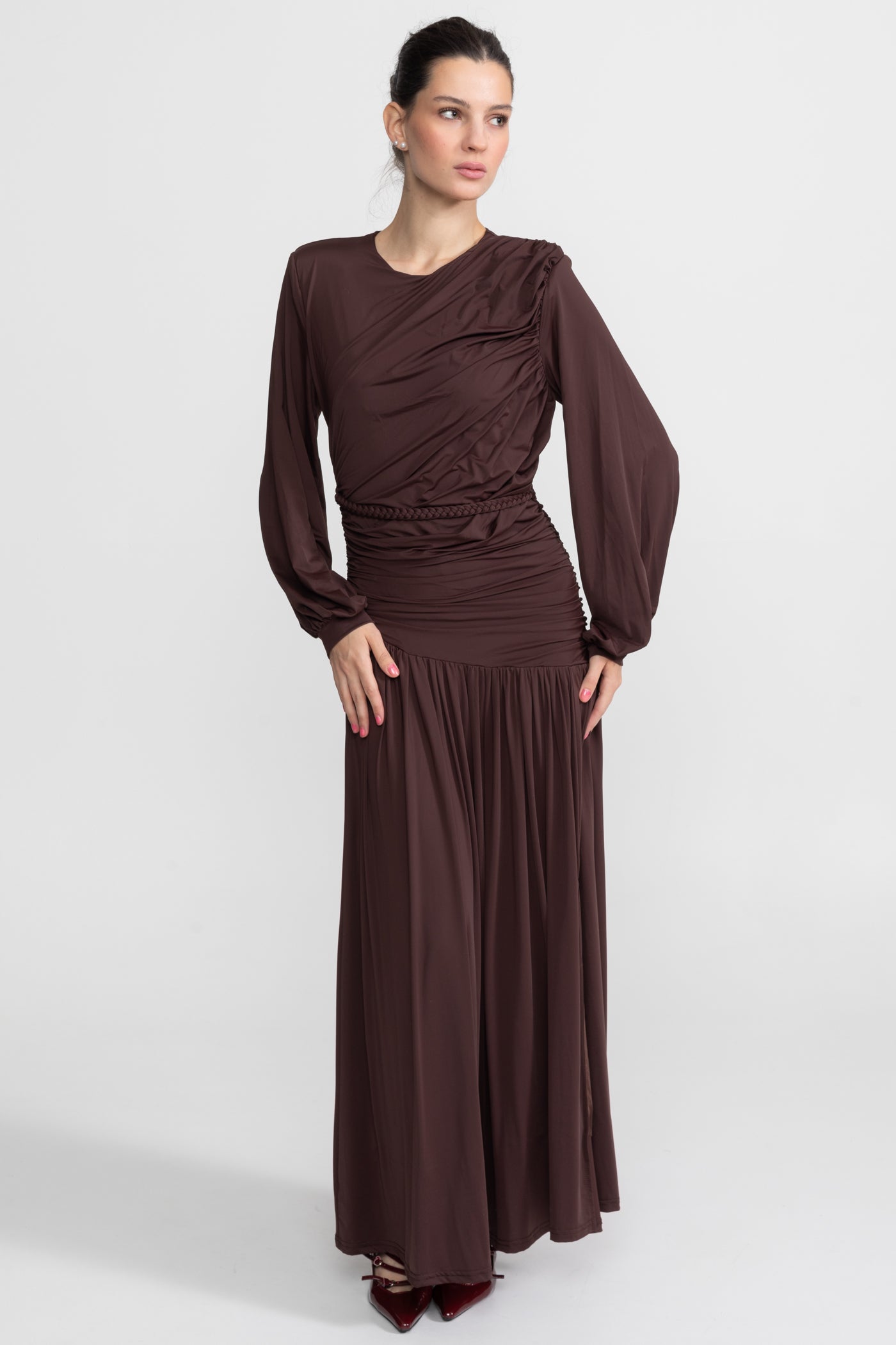 Draped Maxi Dress with Braided Waist Detail - Brown