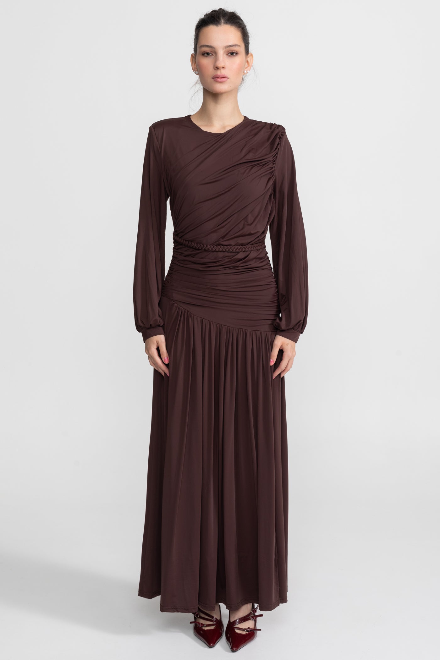 Draped Maxi Dress with Braided Waist Detail - Brown